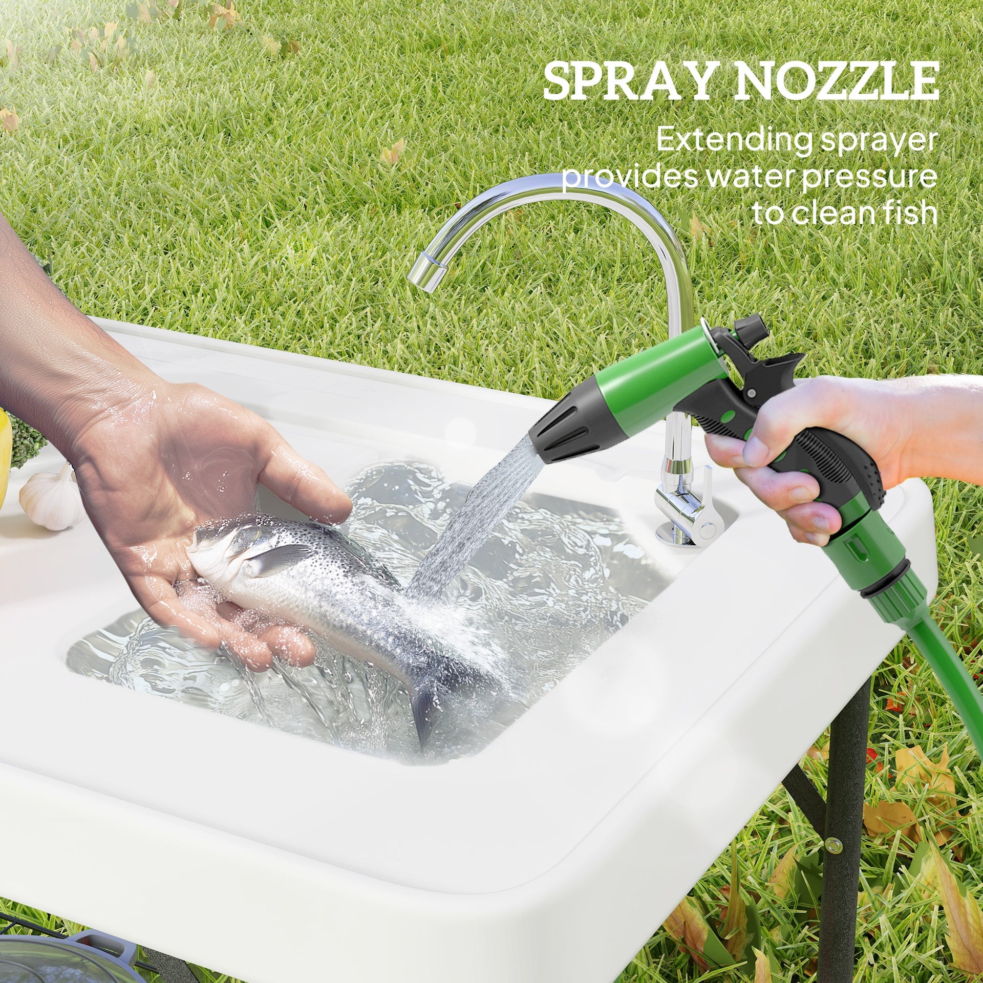 Outsunny Folding Fish Cleaning Table with Sink, Portable Camping Table with Faucet, Drainage Hose, Sprayer and Shelf, White