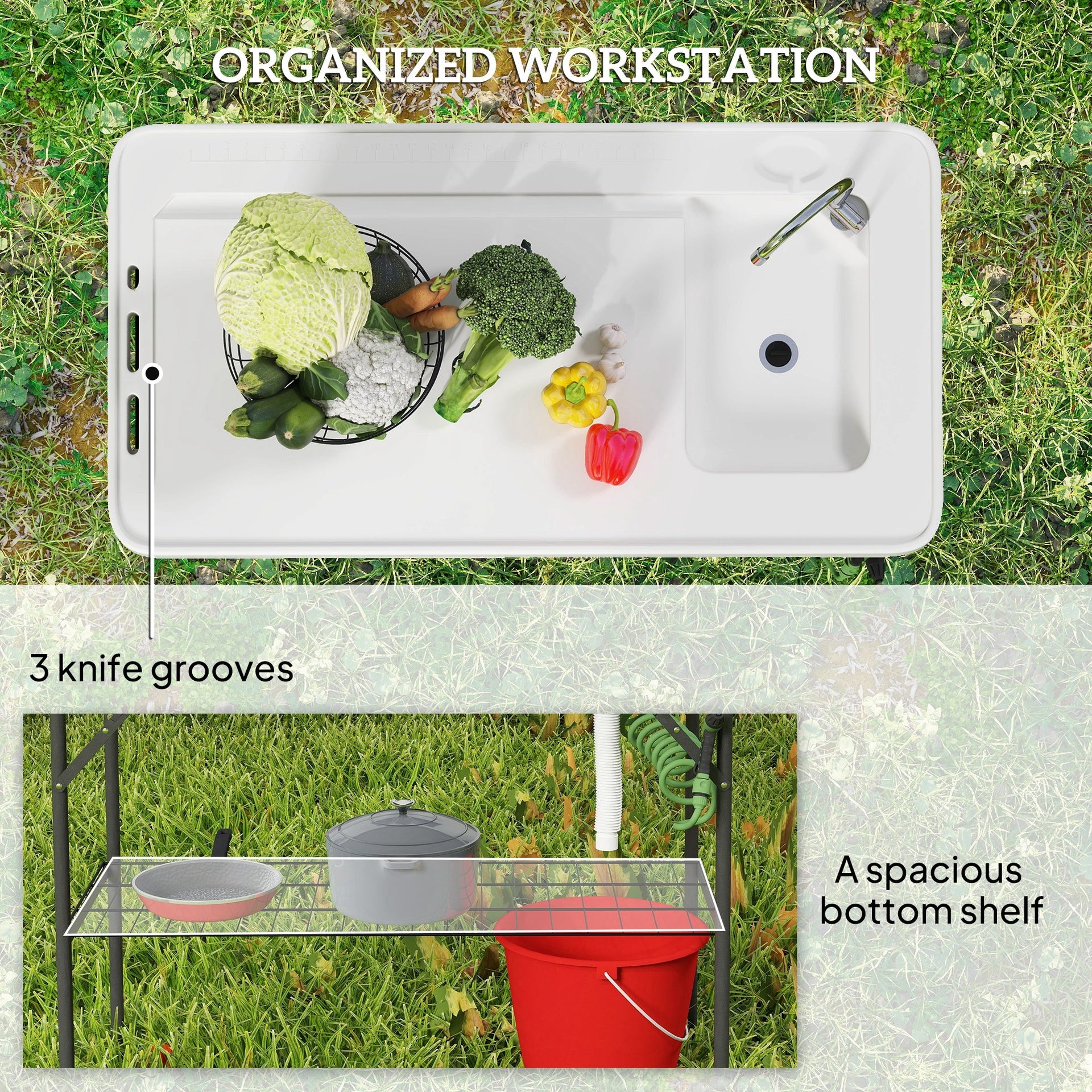 Outsunny Folding Fish Cleaning Table with Sink, Portable Camping Table with Faucet, Drainage Hose, Sprayer and Shelf, White