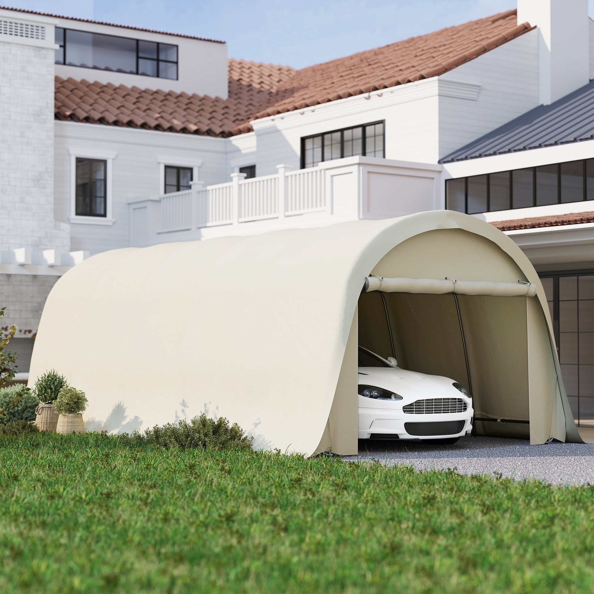 Outsunny 12' x 23.6' Heavy Duty Carport, UPF50+ Portable Garage Car Canopy Tent with Galvanized Frame, Large Door, Beige