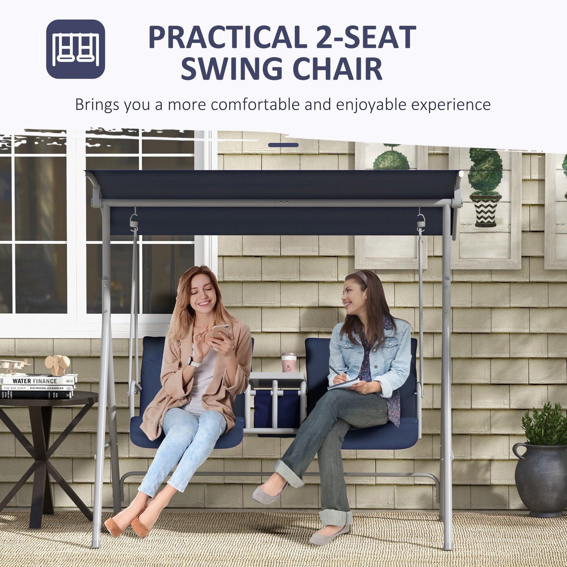 Outsunny 2-Seater Outdoor Porch Swing with Canopy and Table, Patio Swing Chair for Garden, Poolside, Backyard, Dark Blue