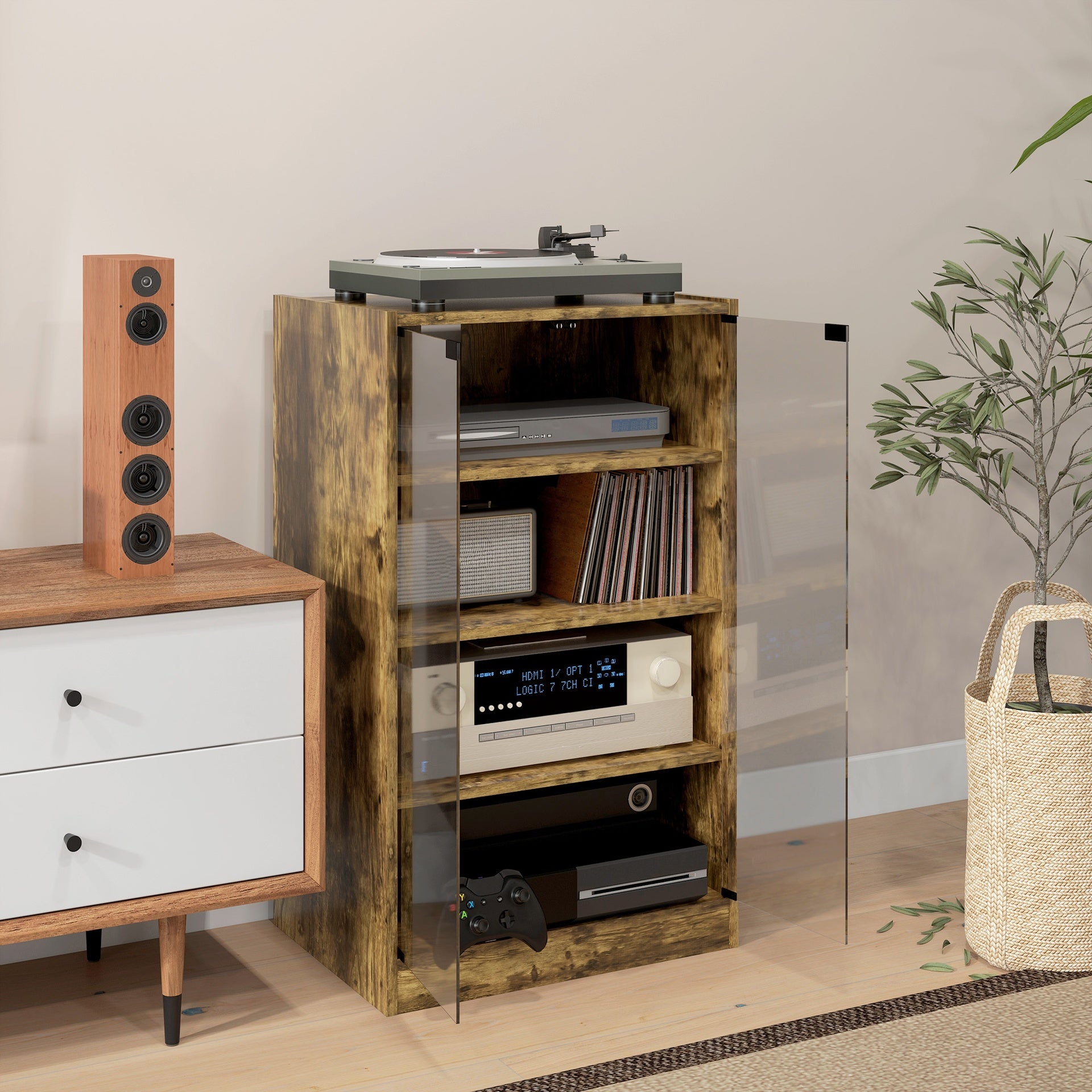 HOMCOM 5-Tier Media Cabinet, Media Stand with Adjustable Shelves, Tempered Glass Doors, and Cable Management, Rustic Brown