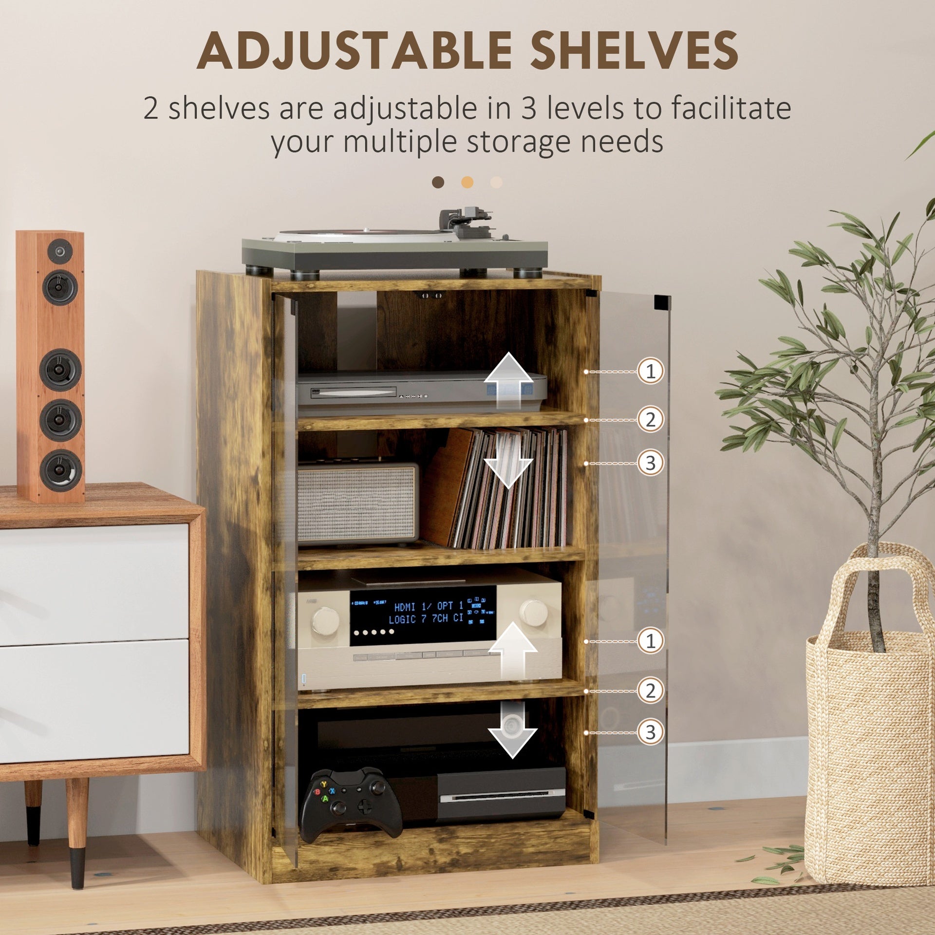 HOMCOM 5-Tier Media Cabinet, Media Stand with Adjustable Shelves, Tempered Glass Doors, and Cable Management, Rustic Brown