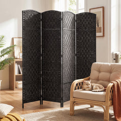 HOMCOM Room Divider, 4 Panel Folding Privacy Screen, 70.9" Tall Portable Weave Partition Wall Divider for Bedroom, Coffee