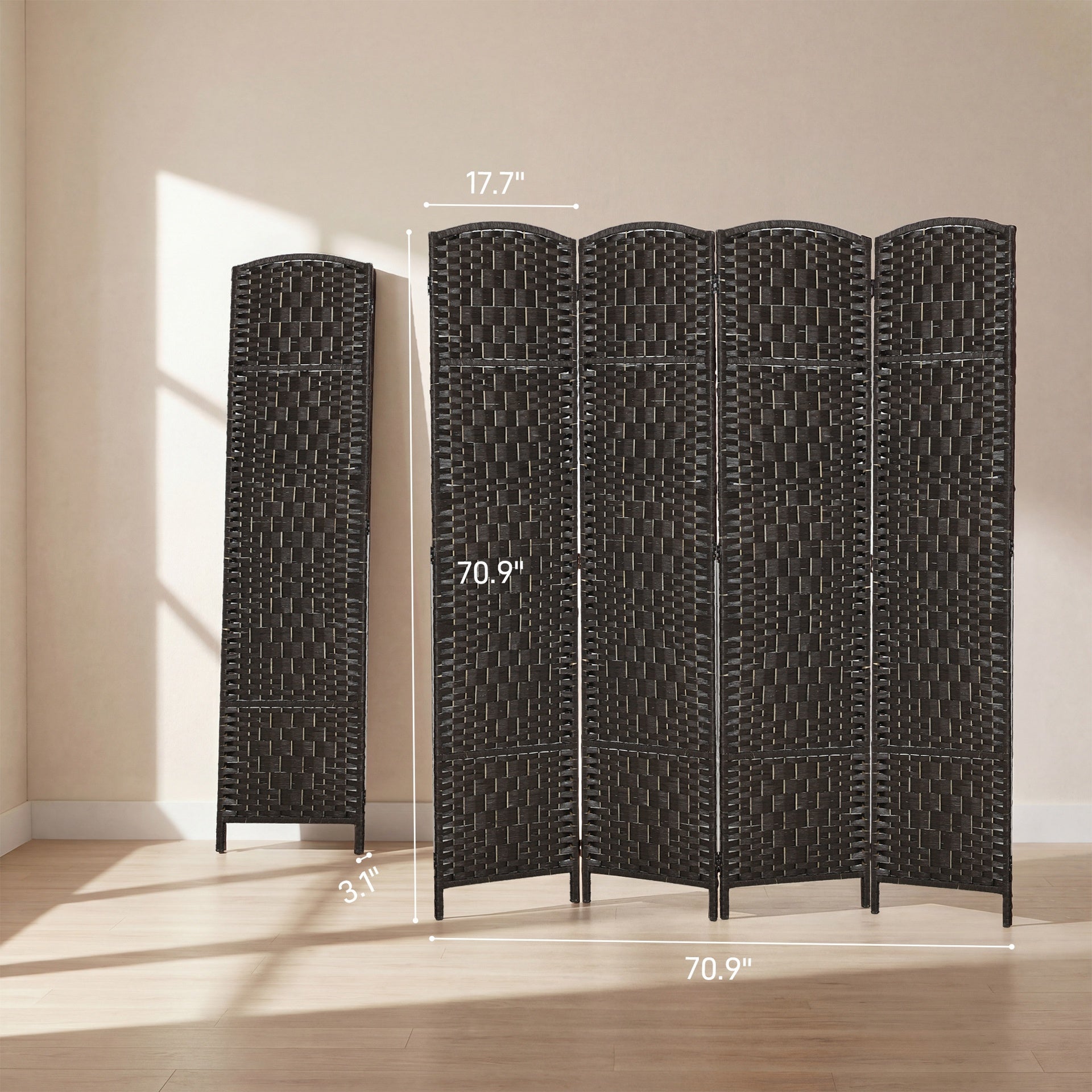 HOMCOM Room Divider, 4 Panel Folding Privacy Screen, 70.9" Tall Portable Weave Partition Wall Divider for Bedroom, Coffee