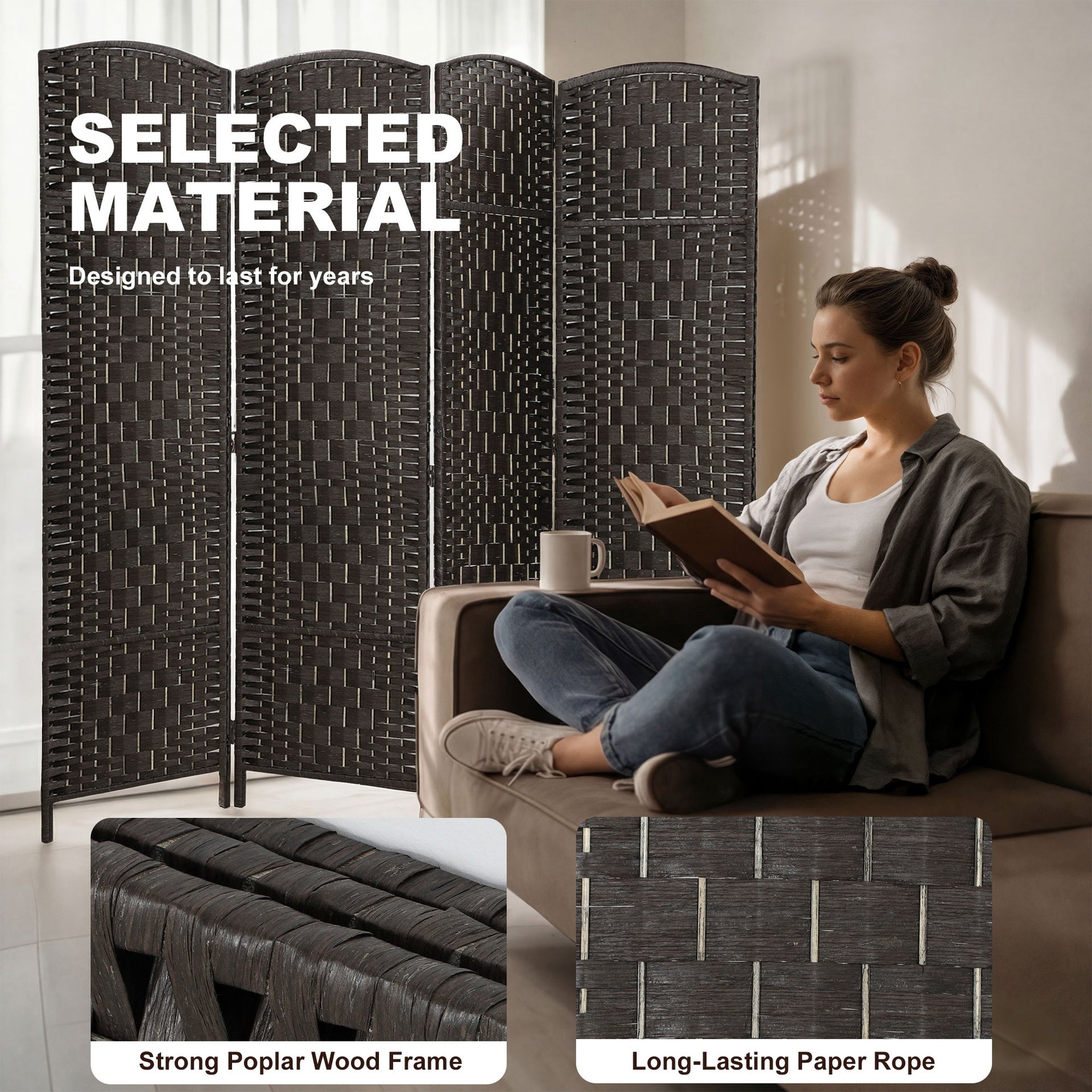 HOMCOM Room Divider, 4 Panel Folding Privacy Screen, 70.9" Tall Portable Weave Partition Wall Divider for Bedroom, Coffee