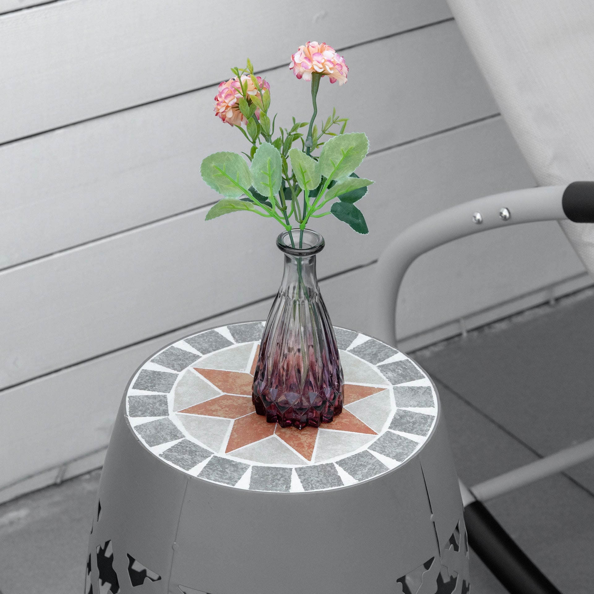 Outsunny Decorative Outdoor Stool, 12" Round Patio Side Table, Mosaic Accent Plant Stand for Garden, Balcony, Gray