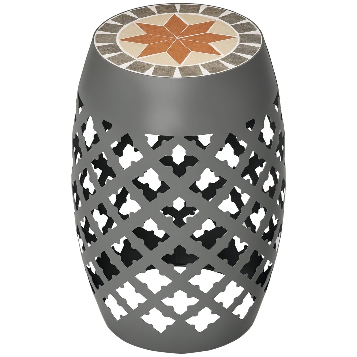 Outsunny Decorative Outdoor Stool, 12" Round Patio Side Table, Mosaic Accent Plant Stand for Garden, Balcony, Gray