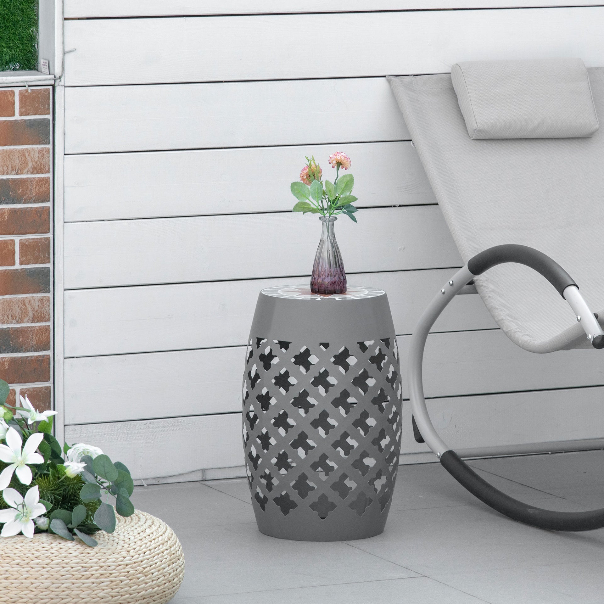 Outsunny Decorative Outdoor Stool, 12" Round Patio Side Table, Mosaic Accent Plant Stand for Garden, Balcony, Gray