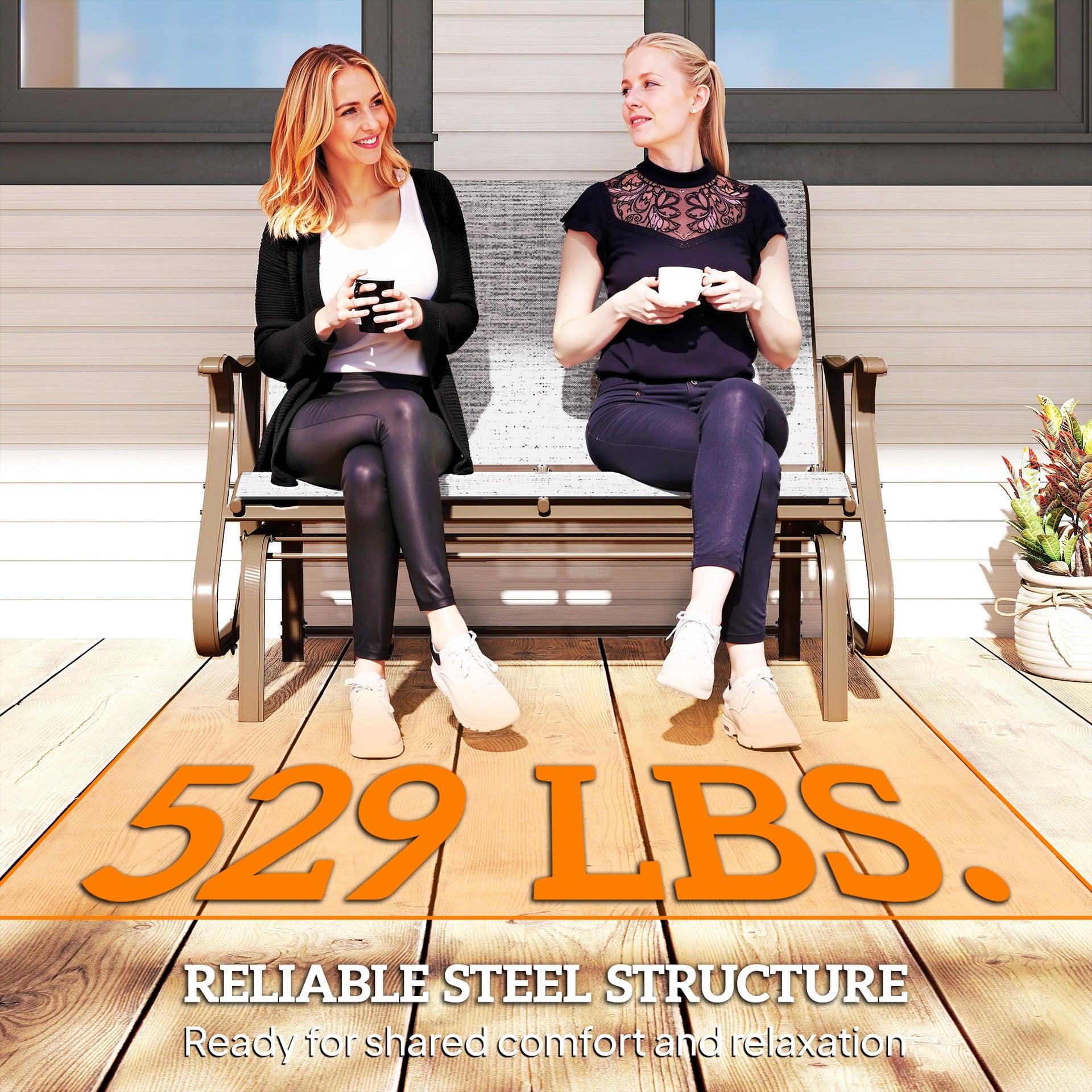 Outsunny 2-Person Outdoor Glider Bench，Patio Glider Loveseat Chair with Powder Coated Steel Frame，2 Seats Porch Rocking Glider for Backyard, Lawn, Garden and Porch, Mixed Gray