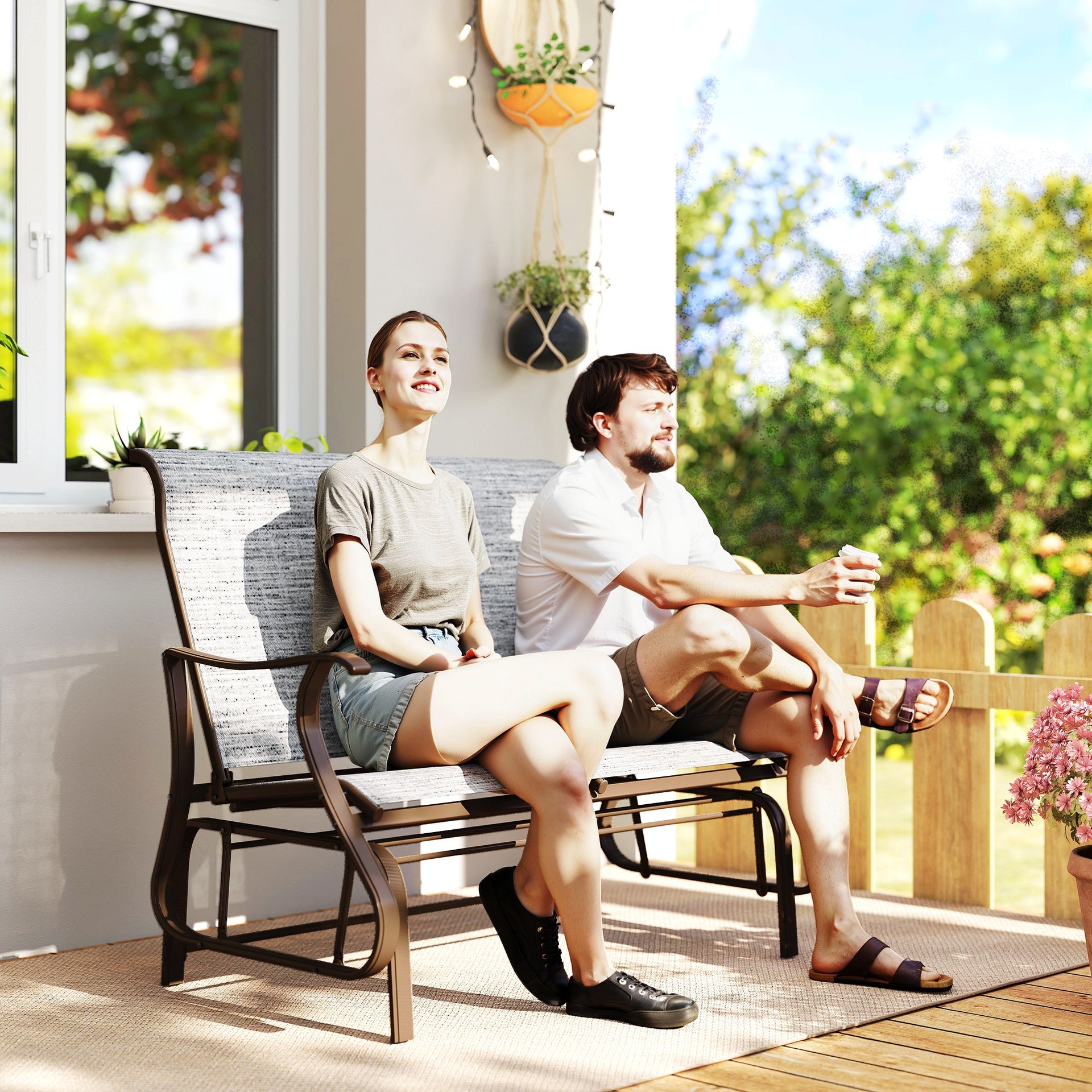 Outsunny 2-Person Outdoor Glider Bench，Patio Glider Loveseat Chair with Powder Coated Steel Frame，2 Seats Porch Rocking Glider for Backyard, Lawn, Garden and Porch, Mixed Gray