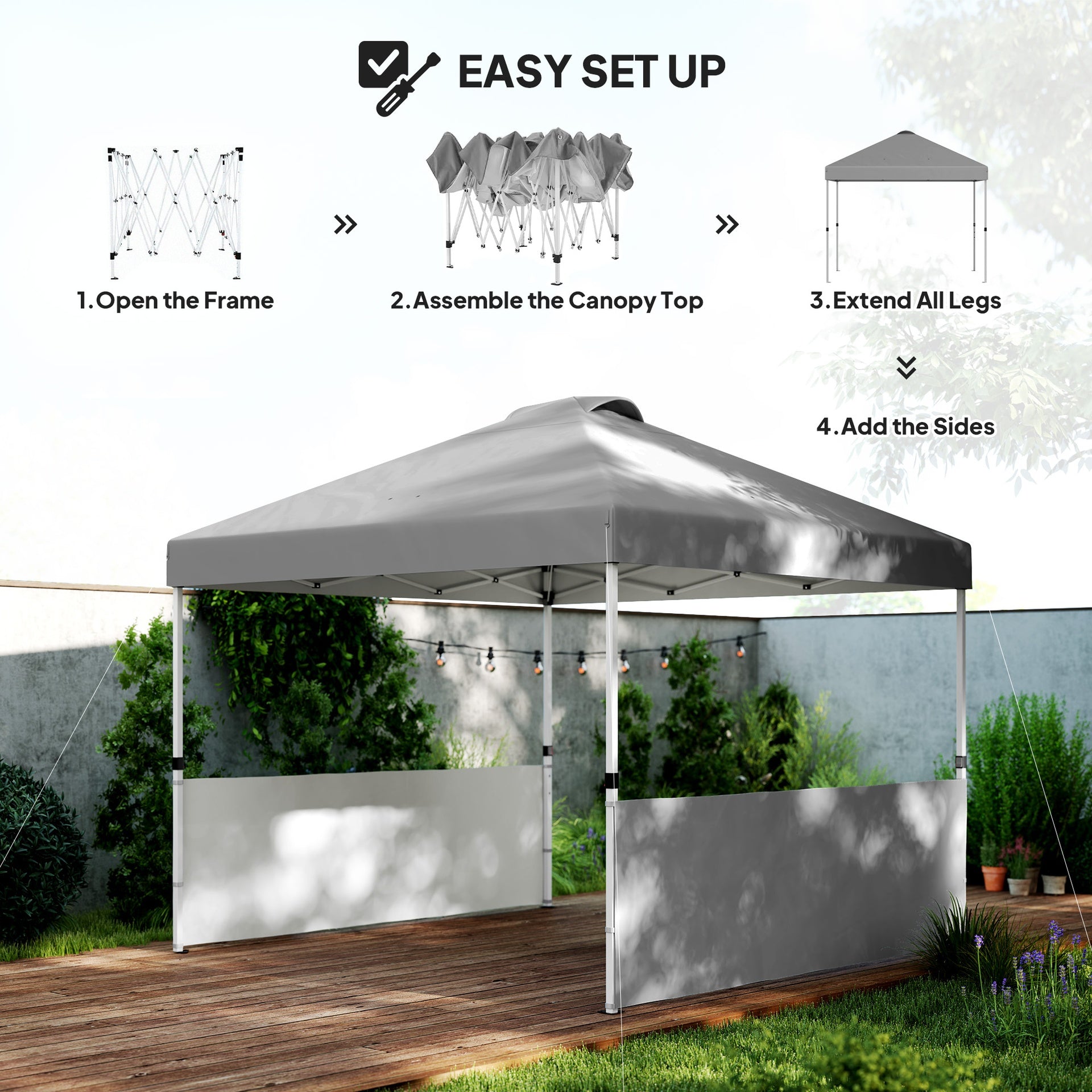 Outsunny 10' x 10' Pop Up Canopy Tent with 2 Half Sidewalls, UV50+ Instant Sun Shelter with Wheeled Carry Bag, Dark Gray