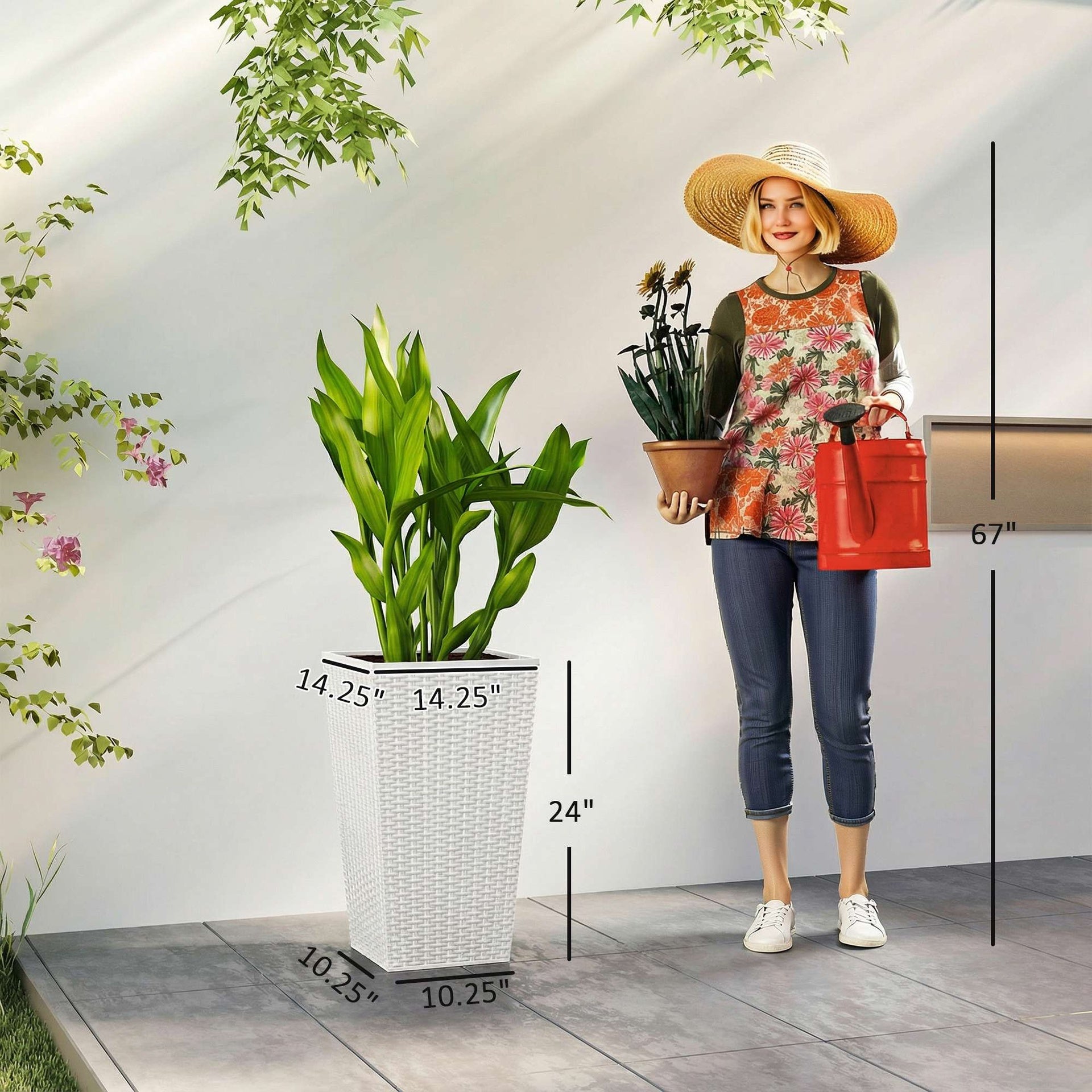 Outsunny Tall Planters for Outdoor Plants Set of 3, 24 In Taper Planters with Drainage Holes, Rattan Decor Plant Pots, White