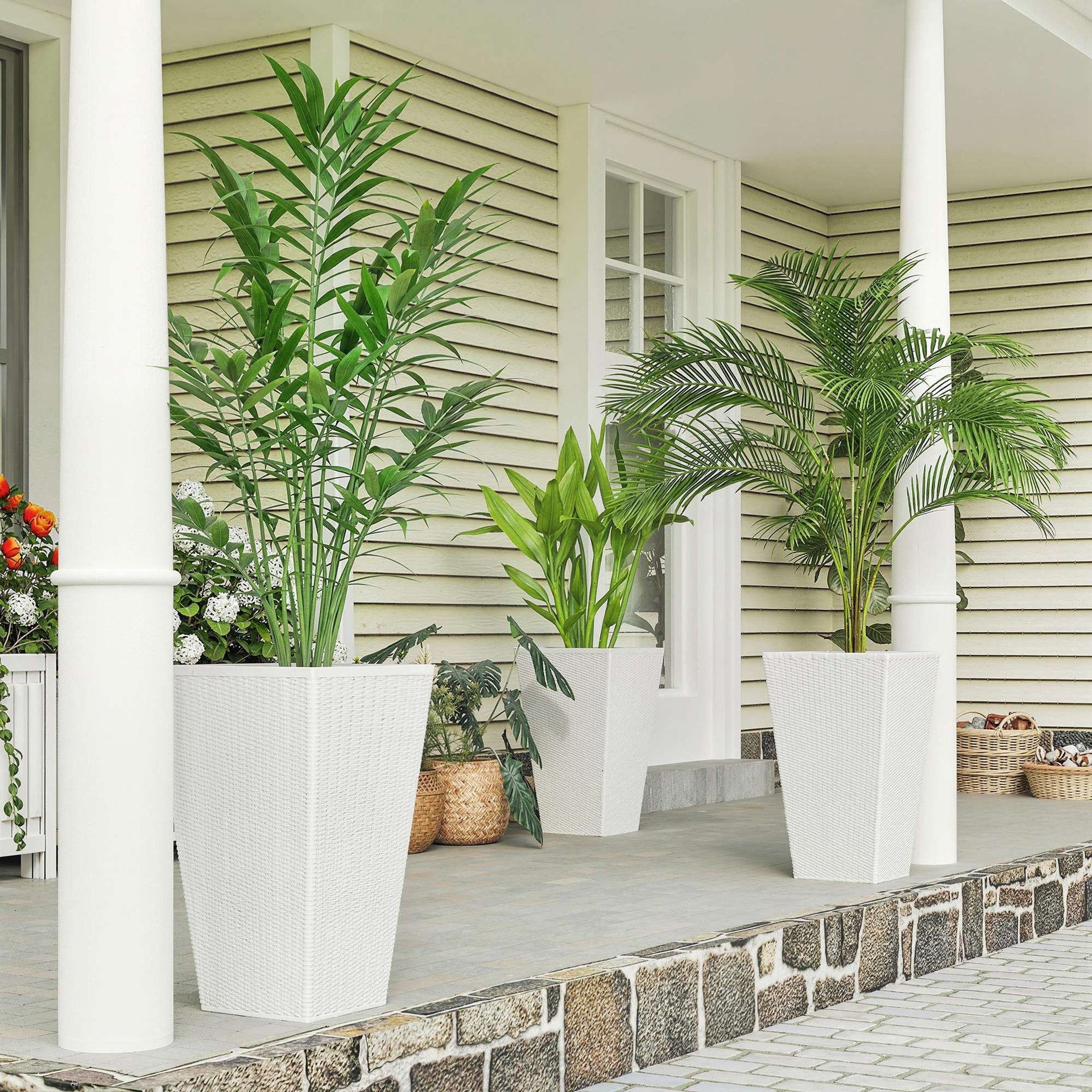 Outsunny Tall Planters for Outdoor Plants Set of 3, 24 In Taper Planters with Drainage Holes, Rattan Decor Plant Pots, White