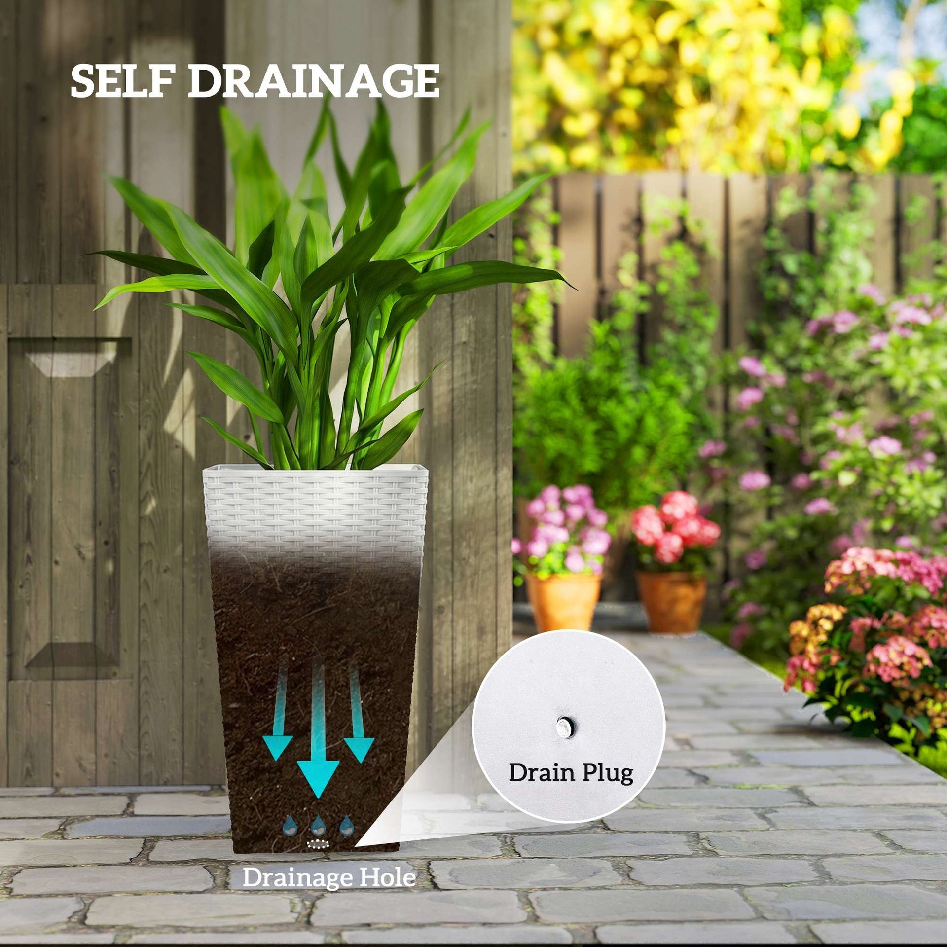 Outsunny Tall Planters for Outdoor Plants Set of 3, 24 In Taper Planters with Drainage Holes, Rattan Decor Plant Pots, White