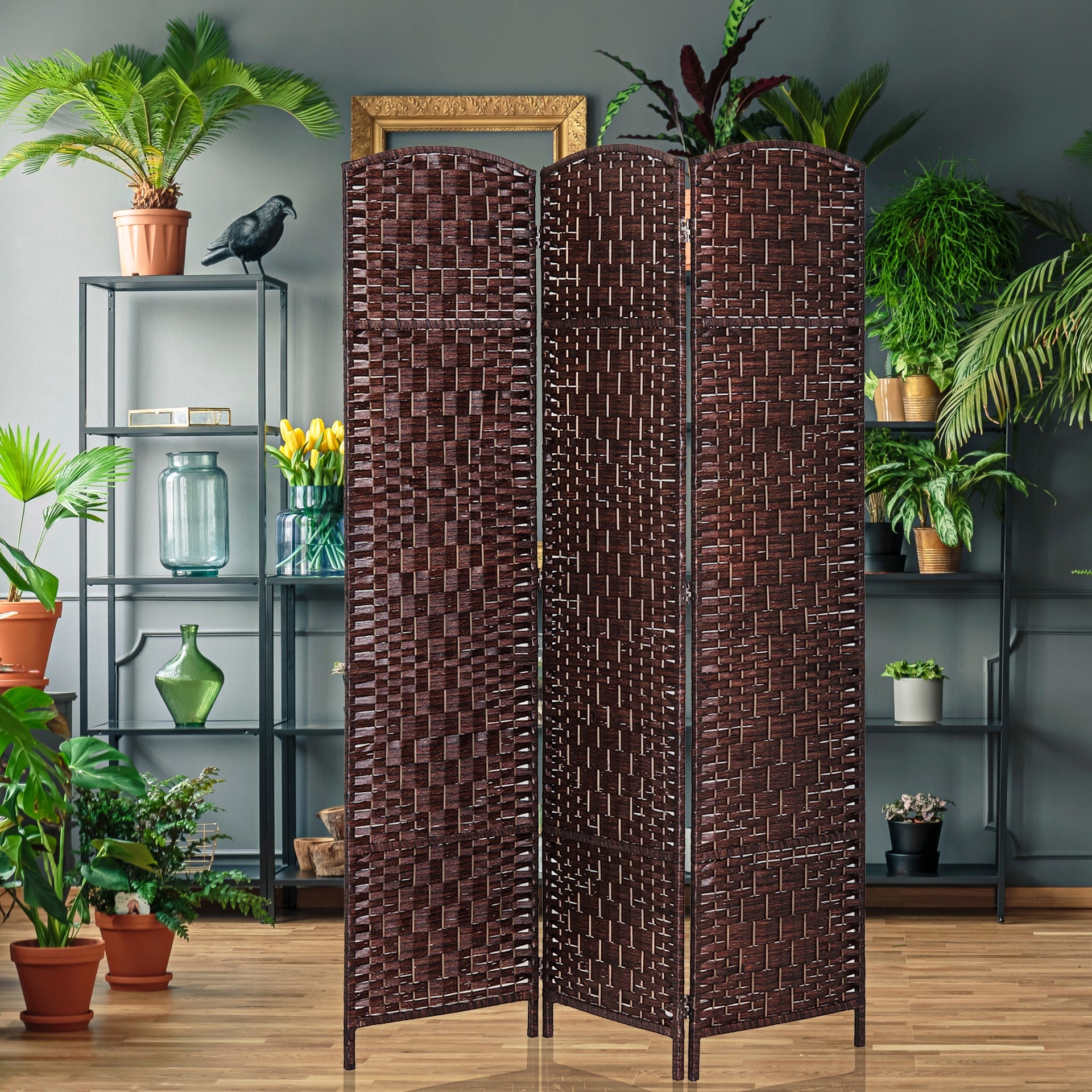 HOMCOM Room Divider 3 Panel, 6FT Tall Folding Privacy Screen, Freestanding Hand-Woven Partition for Room Separation with 360° Hinges, Paper Rope Diamond Weave, Brown
