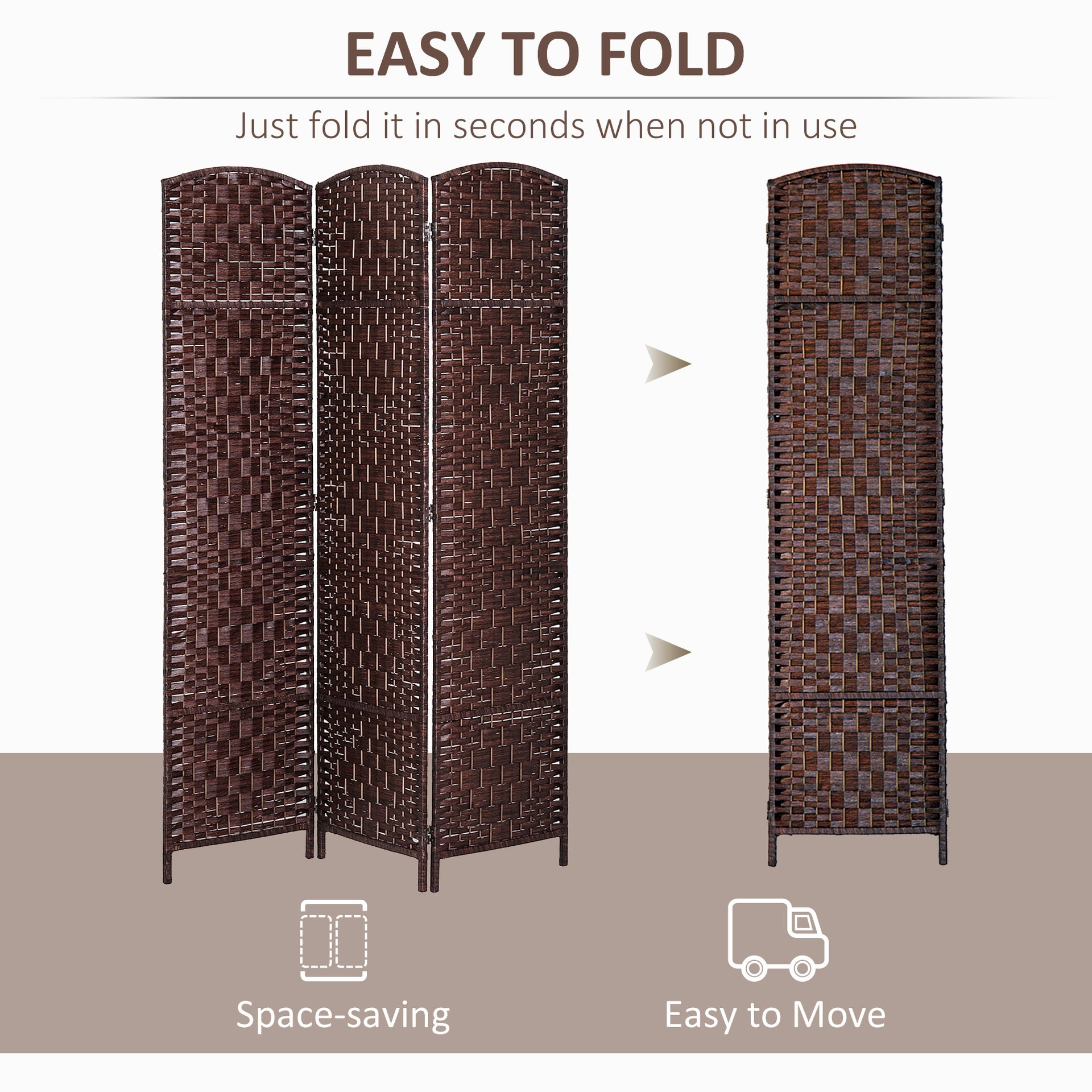 HOMCOM Room Divider 3 Panel, 6FT Tall Folding Privacy Screen, Freestanding Hand-Woven Partition for Room Separation with 360° Hinges, Paper Rope Diamond Weave, Brown