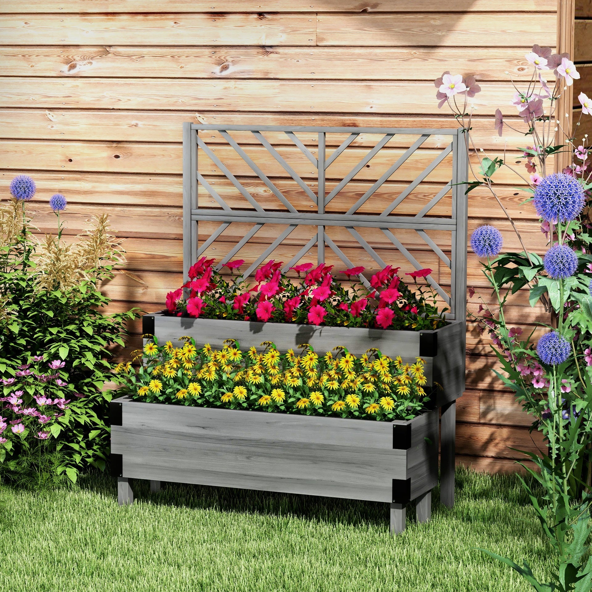 Outsunny 2 Tier Trellis Planter, Wooden Raised Garden Bed, Gray