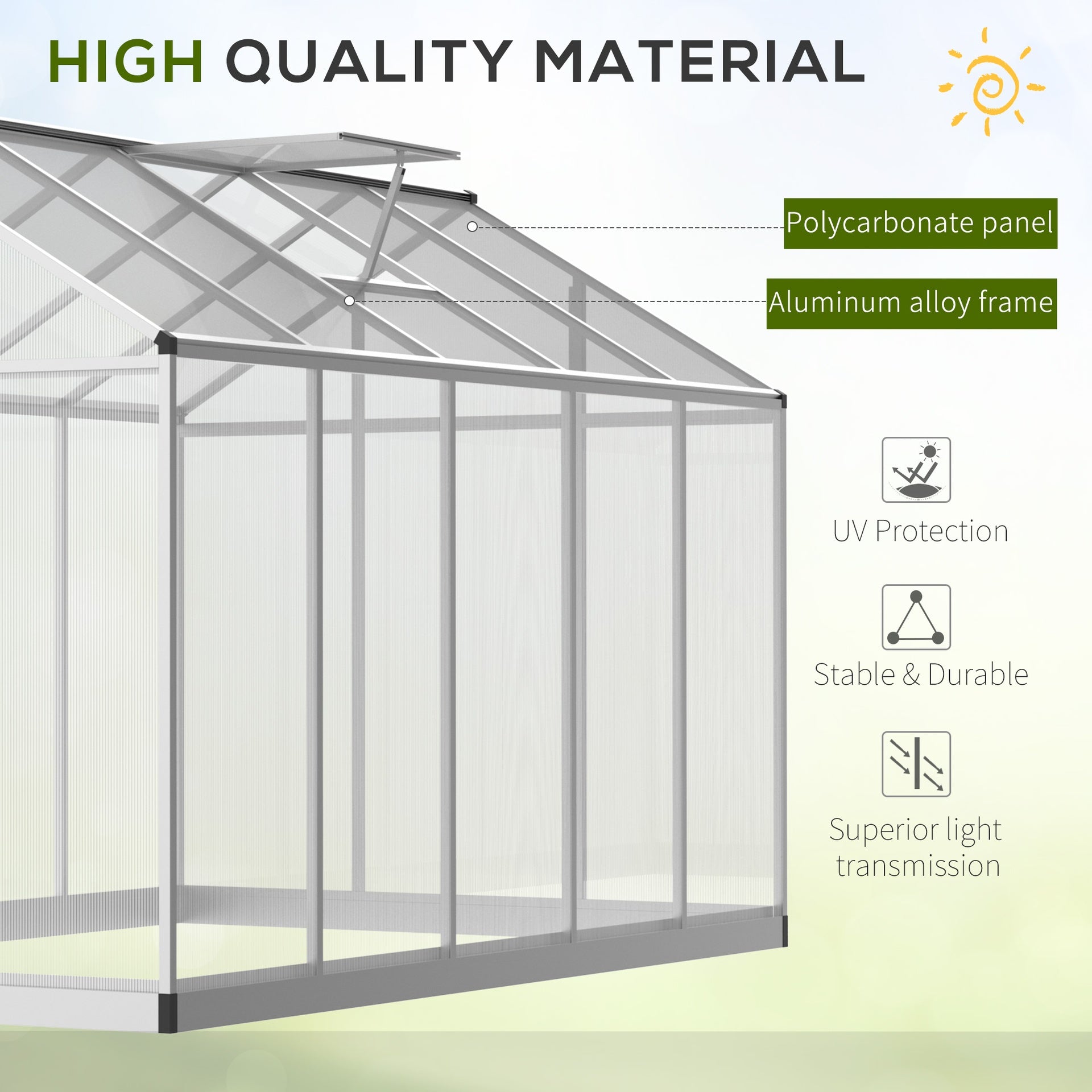 Outsunny 10' L x 6' W Walk-In Polycarbonate Greenhouse with Roof Vent for Ventilation & Rain Gutter for Winter