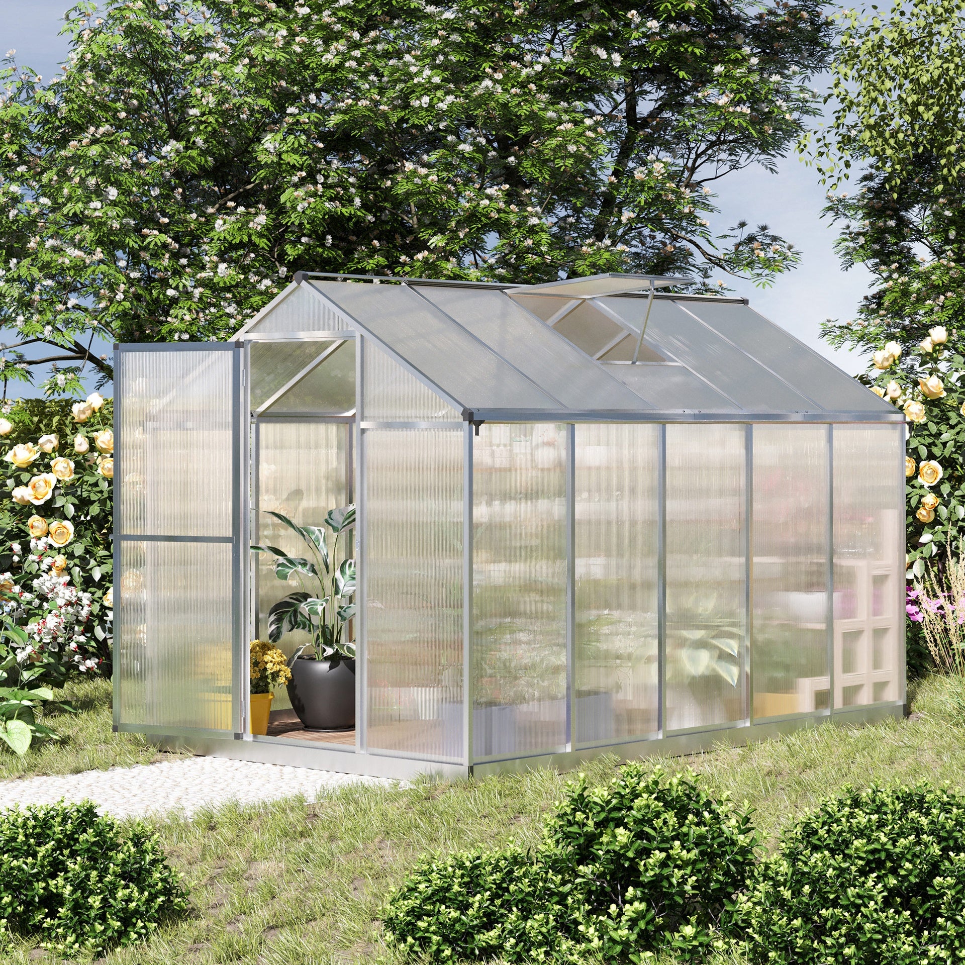 Outsunny 10' L x 6' W Walk-In Polycarbonate Greenhouse with Roof Vent for Ventilation & Rain Gutter for Winter