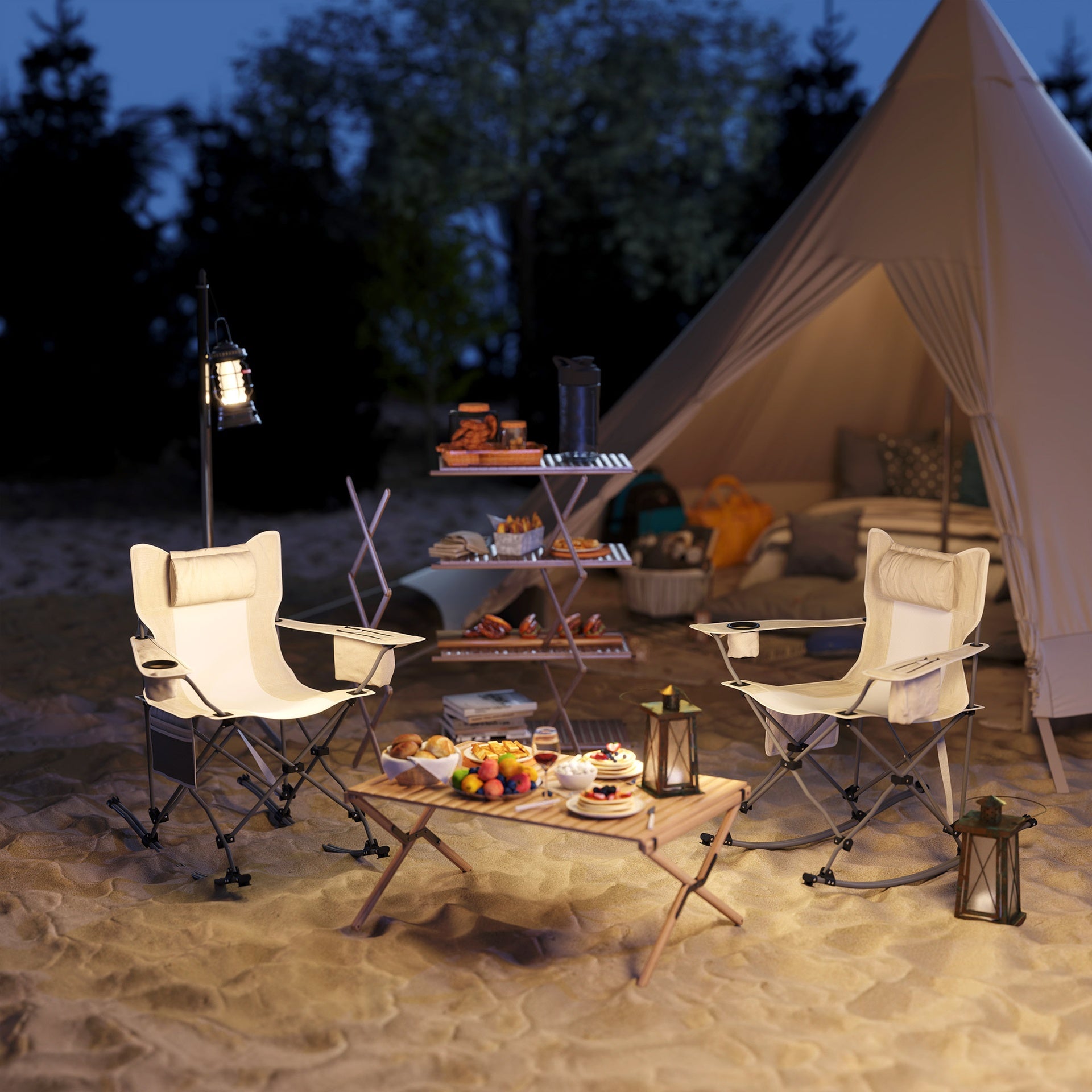 Outsunny Folding Rocking Camping Chairs, Portable Chairs with Headrest, Cooler Bag, Cup Holder, Carry Bag, 2 Pack, Cream