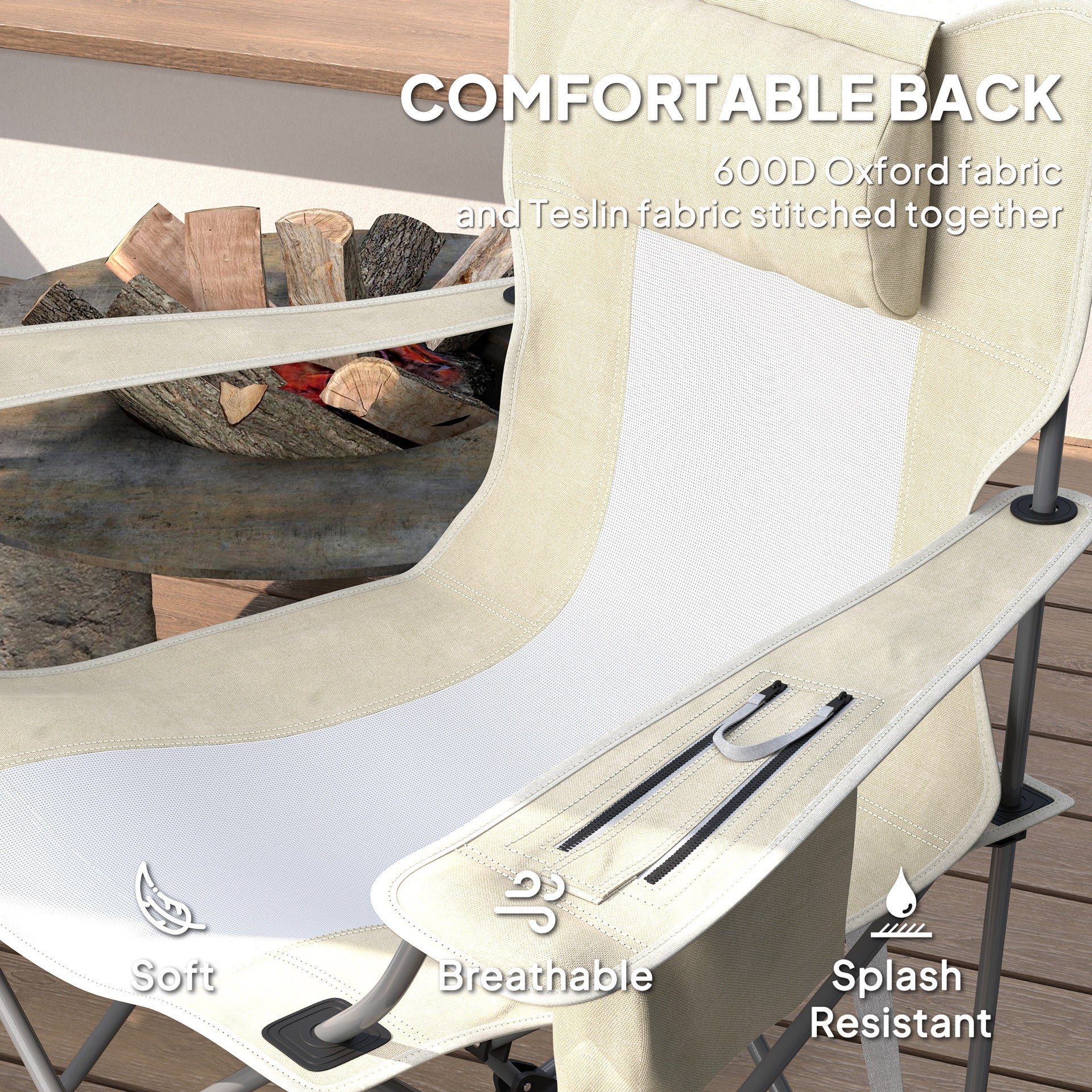 Outsunny Folding Rocking Camping Chairs, Portable Chairs with Headrest, Cooler Bag, Cup Holder, Carry Bag, 2 Pack, Cream
