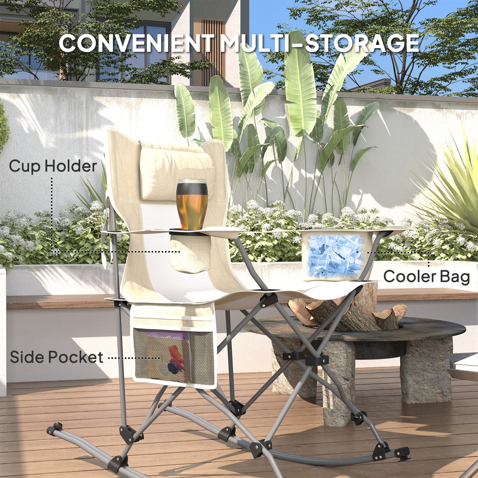 Outsunny Folding Rocking Camping Chairs, Portable Chairs with Headrest, Cooler Bag, Cup Holder, Carry Bag, 2 Pack, Cream