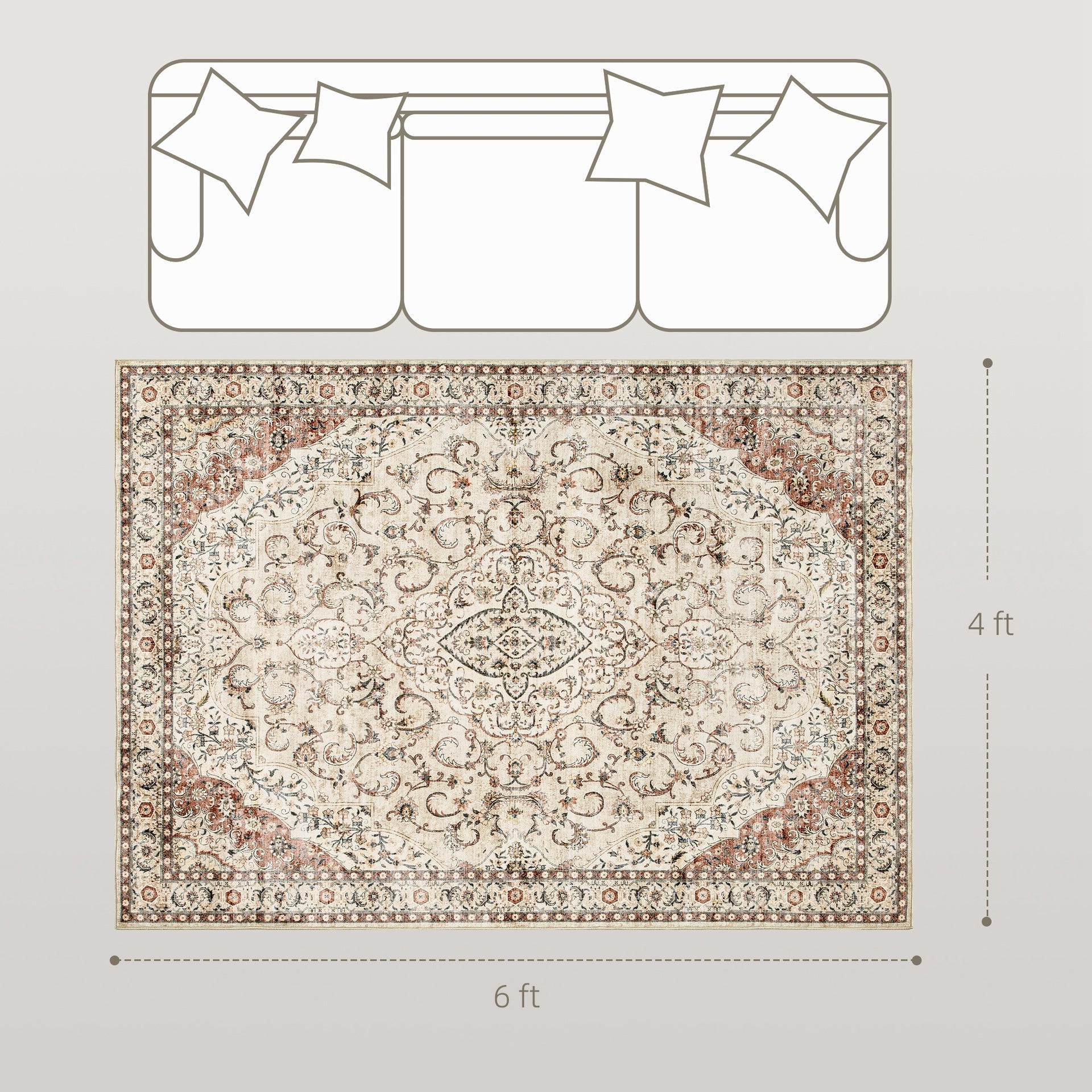HOMCOM Area Rug 4x6, Machine Washable Rug, Non-Slip Classical Floral Print Floor Carpet for Living Room, Bedroom, Mixed-Brown