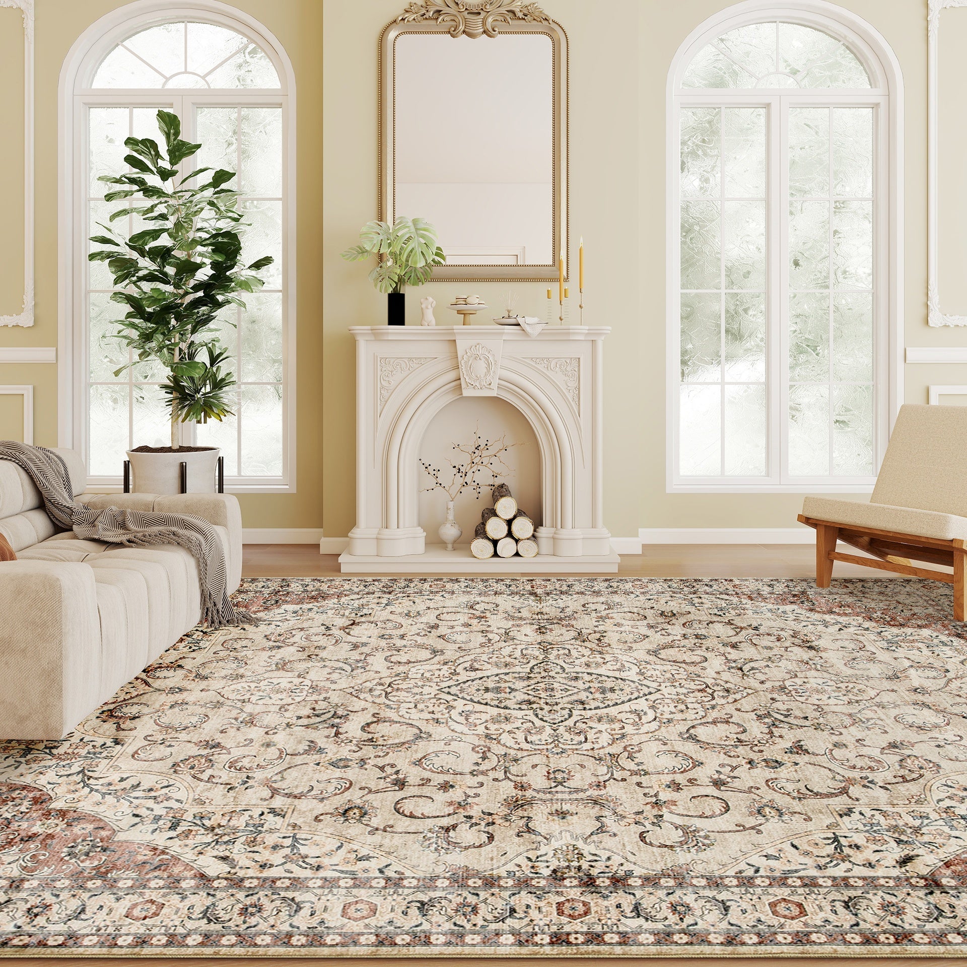 HOMCOM Area Rug 4x6, Machine Washable Rug, Non-Slip Classical Floral Print Floor Carpet for Living Room, Bedroom, Mixed-Brown