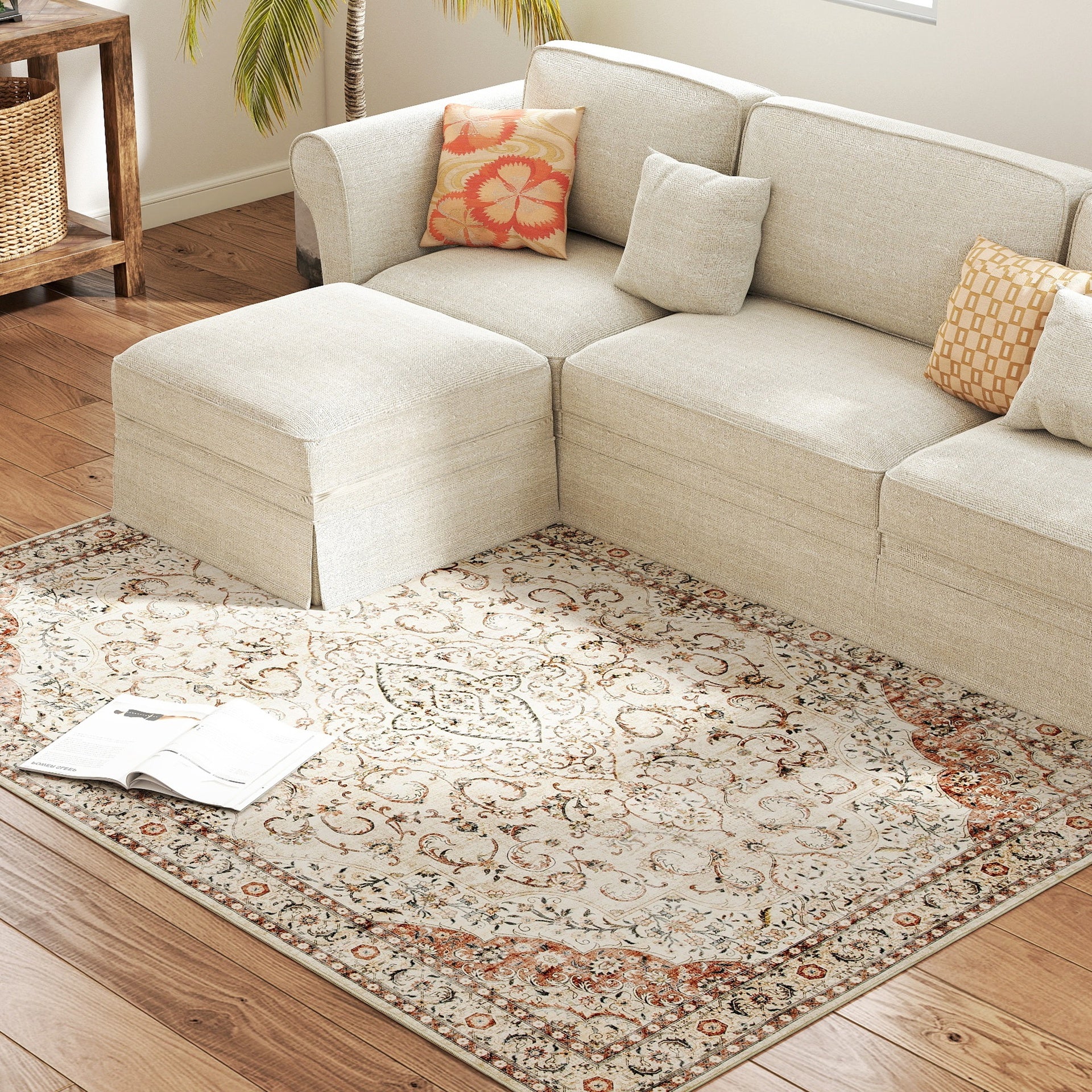 HOMCOM Area Rug 4x6, Machine Washable Rug, Non-Slip Classical Floral Print Floor Carpet for Living Room, Bedroom, Mixed-Brown