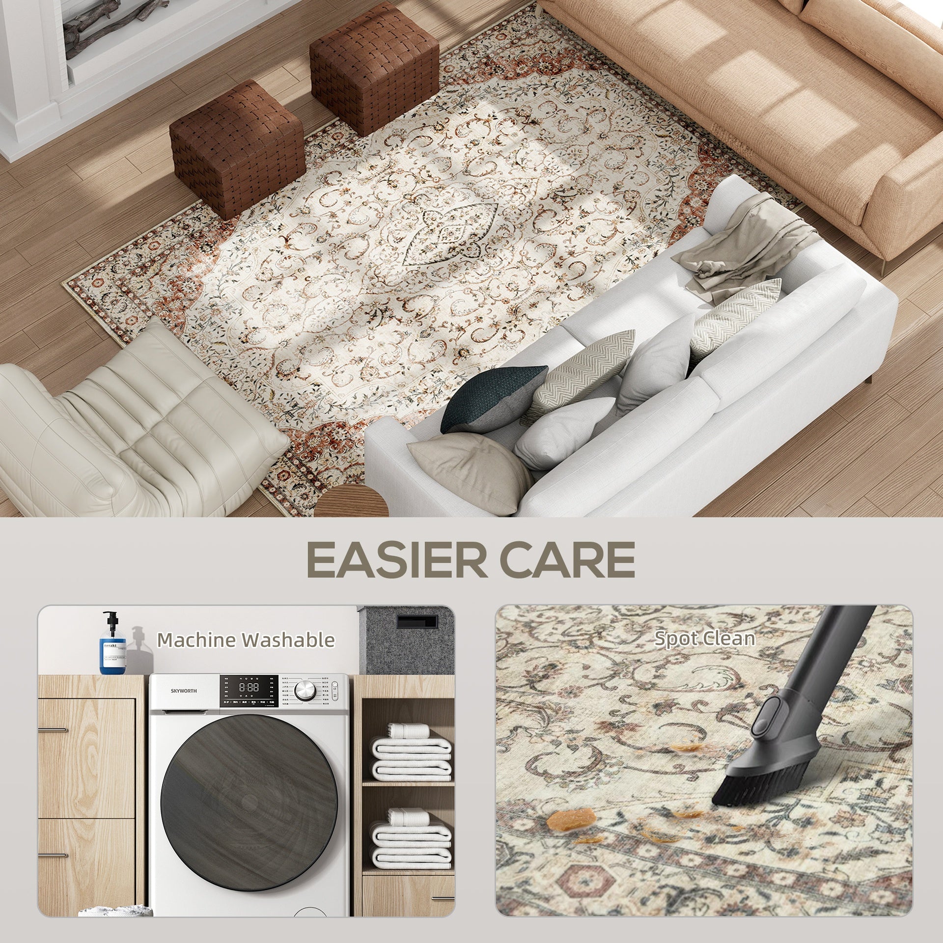 HOMCOM Area Rug 4x6, Machine Washable Rug, Non-Slip Classical Floral Print Floor Carpet for Living Room, Bedroom, Mixed-Brown