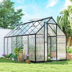 Outsunny Polycarbonate Greenhouse with Swing Door and Two Adjustable Roof Vents, Aluminum Walk-in Greenhouse, 11x6 ft, Black