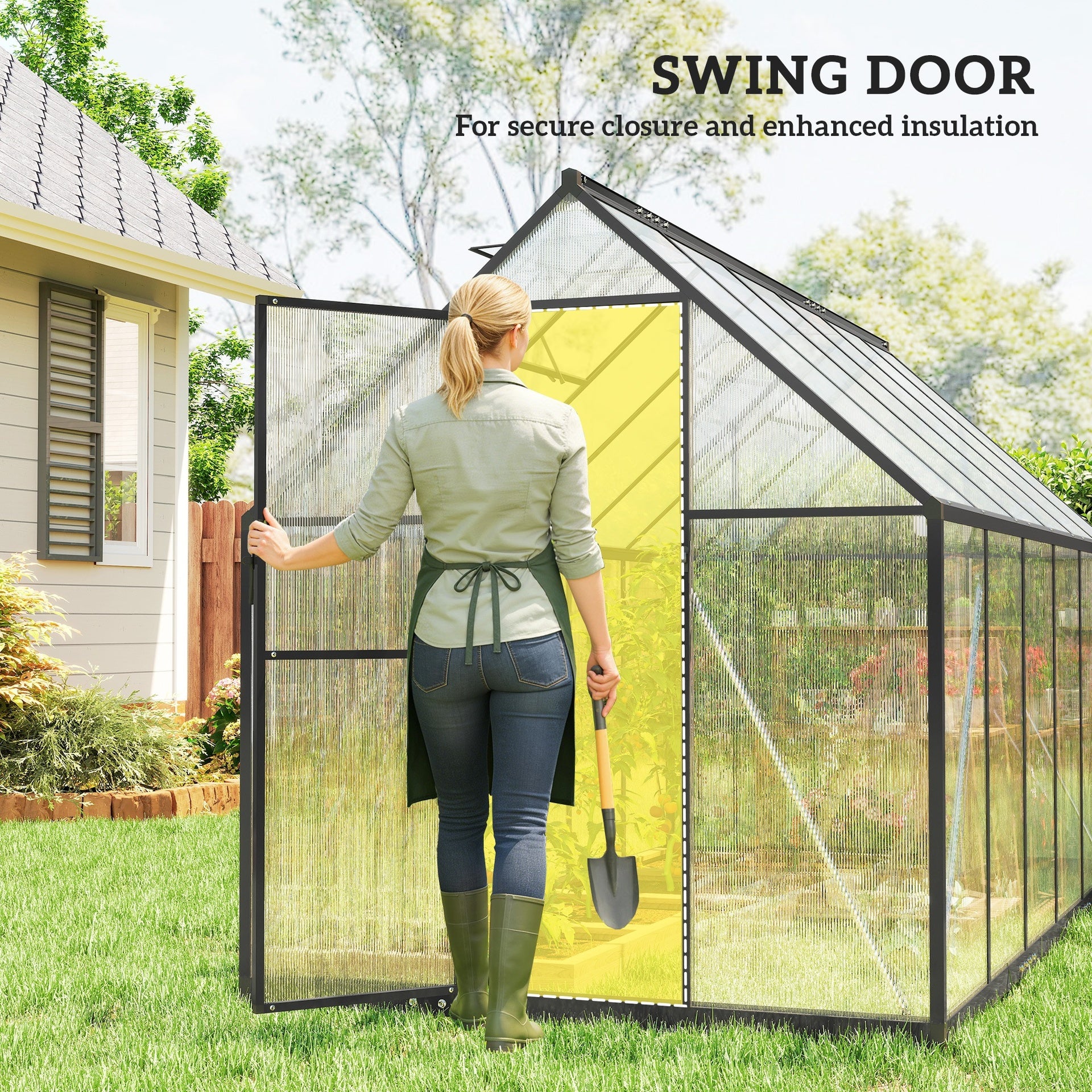 Outsunny Polycarbonate Greenhouse with Swing Door and Two Adjustable Roof Vents, Aluminum Walk-in Greenhouse, 11x6 ft, Black