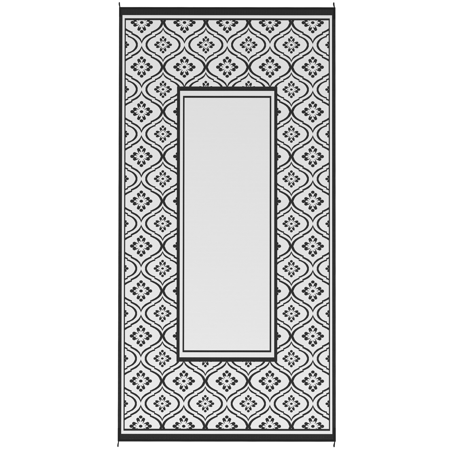 Outsunny Reversible Outdoor Rug, Waterproof Plastic Straw with Carry Bag, 9' x 18', Black & White Gourd Border