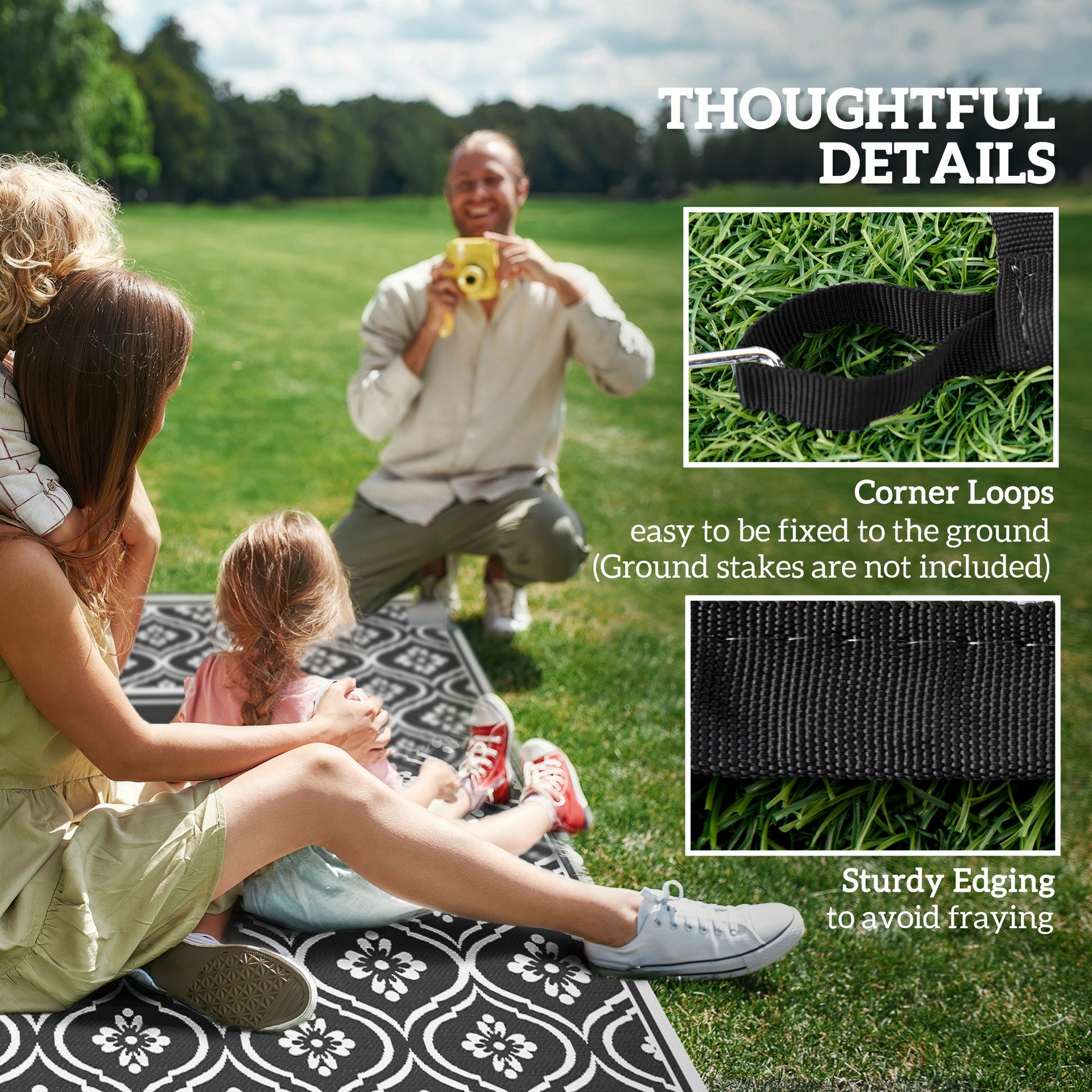 Outsunny Reversible Outdoor Rug, Waterproof Plastic Straw with Carry Bag, 9' x 18', Black & White Gourd Border