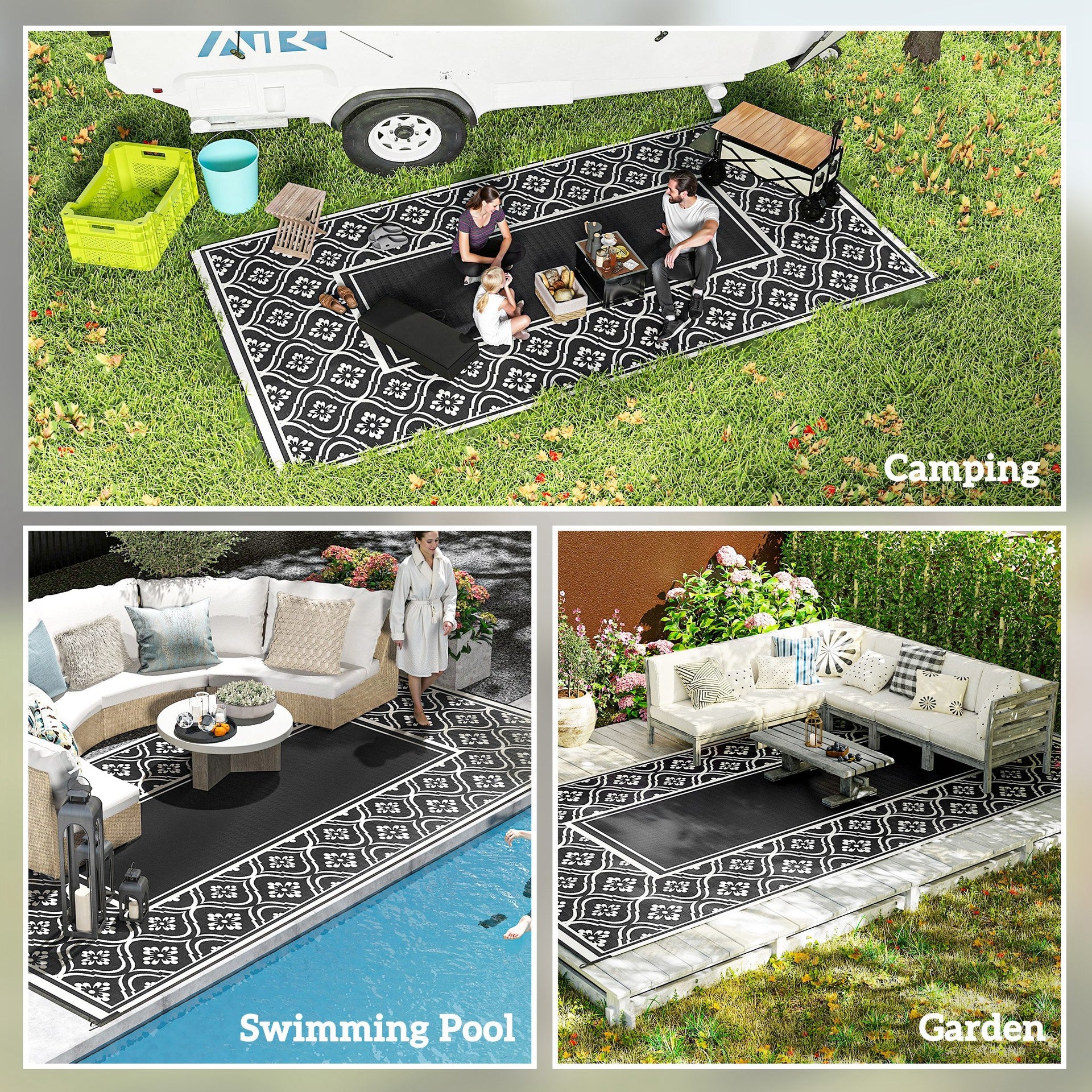 Outsunny Reversible Outdoor Rug, Waterproof Plastic Straw with Carry Bag, 9' x 18', Black & White Gourd Border