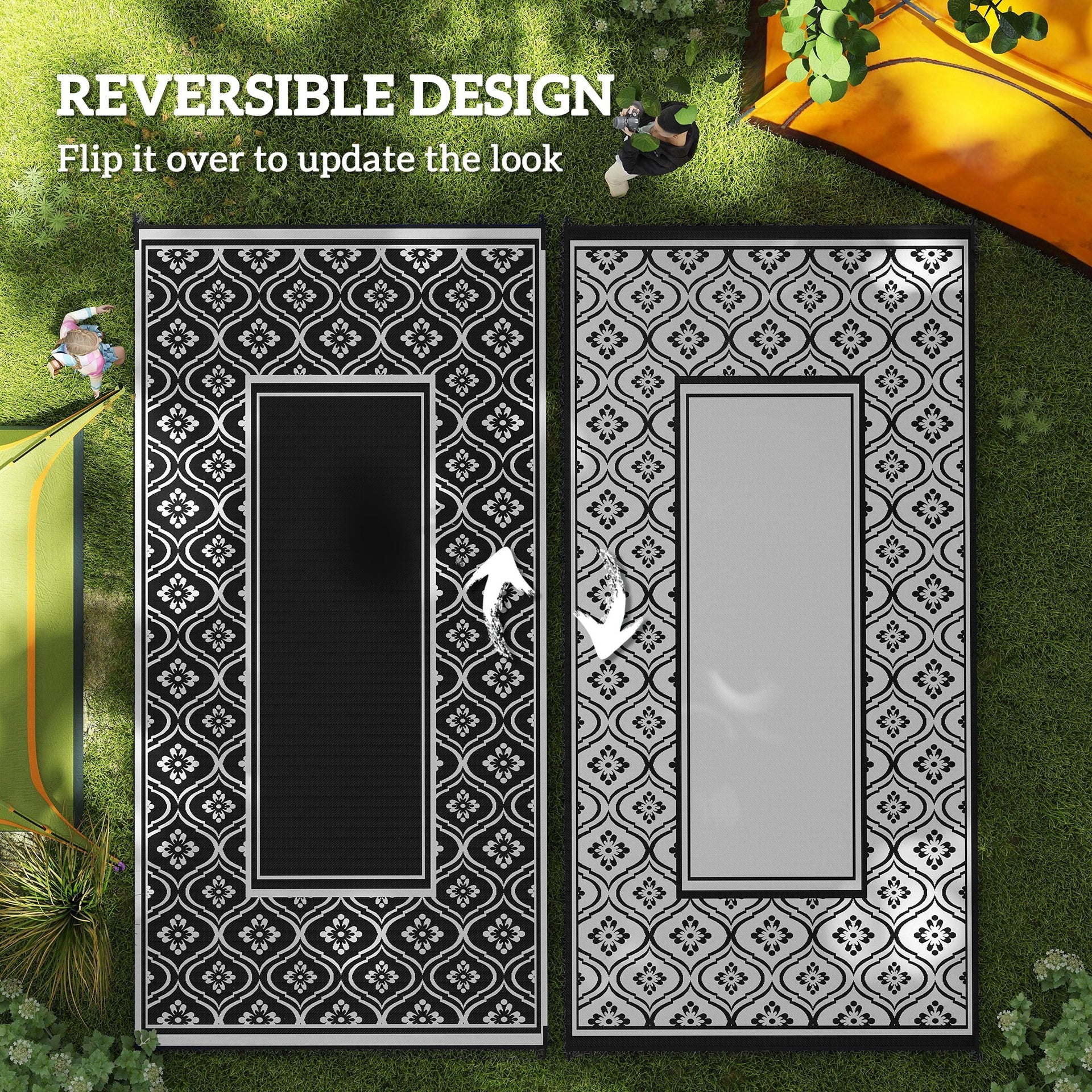 Outsunny Reversible Outdoor Rug, Waterproof Plastic Straw with Carry Bag, 9' x 18', Black & White Gourd Border
