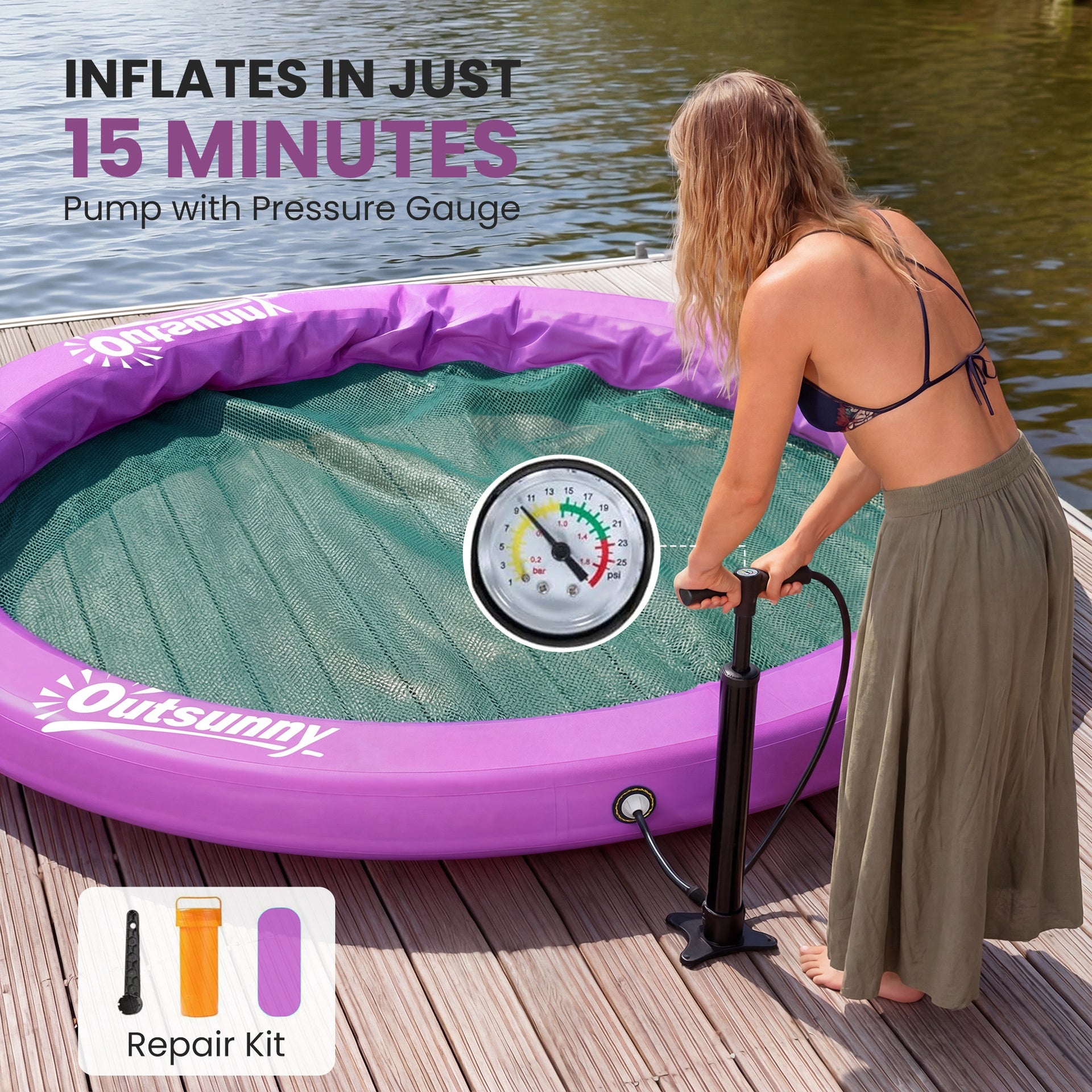 Outsunny 8FT Inflatable Water Hammock Floating Ring, Inflatable Floating Dock Platform for for Lakes, Pools, Oceans, Purple