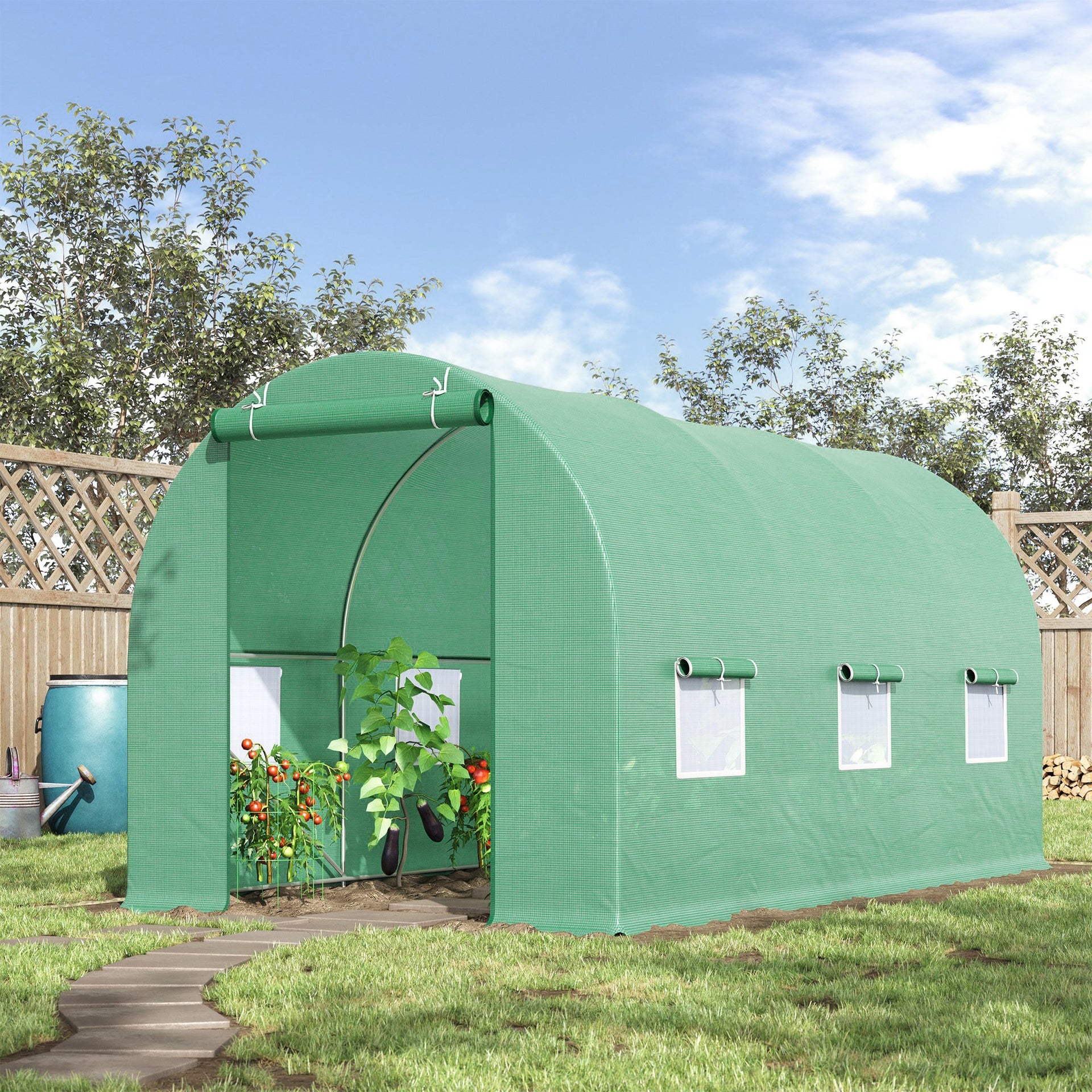 Outsunny 15' x 7' x 7' Walk-in Tunnel Hoop Greenhouse, Green House for Outside with PE Cover, Steel Frame, Roll-Up Zipper Door & Windows for Flowers, Vegetables, Tropical Plants, Green