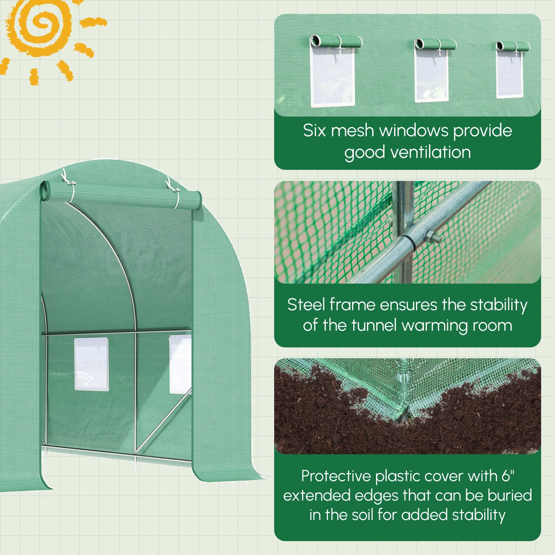 Outsunny 15' x 7' x 7' Walk-in Tunnel Hoop Greenhouse, Green House for Outside with PE Cover, Steel Frame, Roll-Up Zipper Door & Windows for Flowers, Vegetables, Tropical Plants, Green