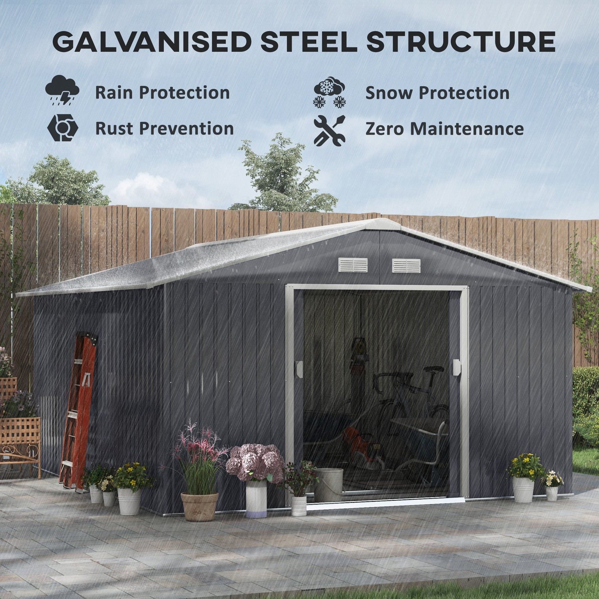 Outsunny 11' x 13' Garden Metal Shed, Storage Shed Utility Storage with Double Locking Doors for Bike, Yard Tools, Dark Gray