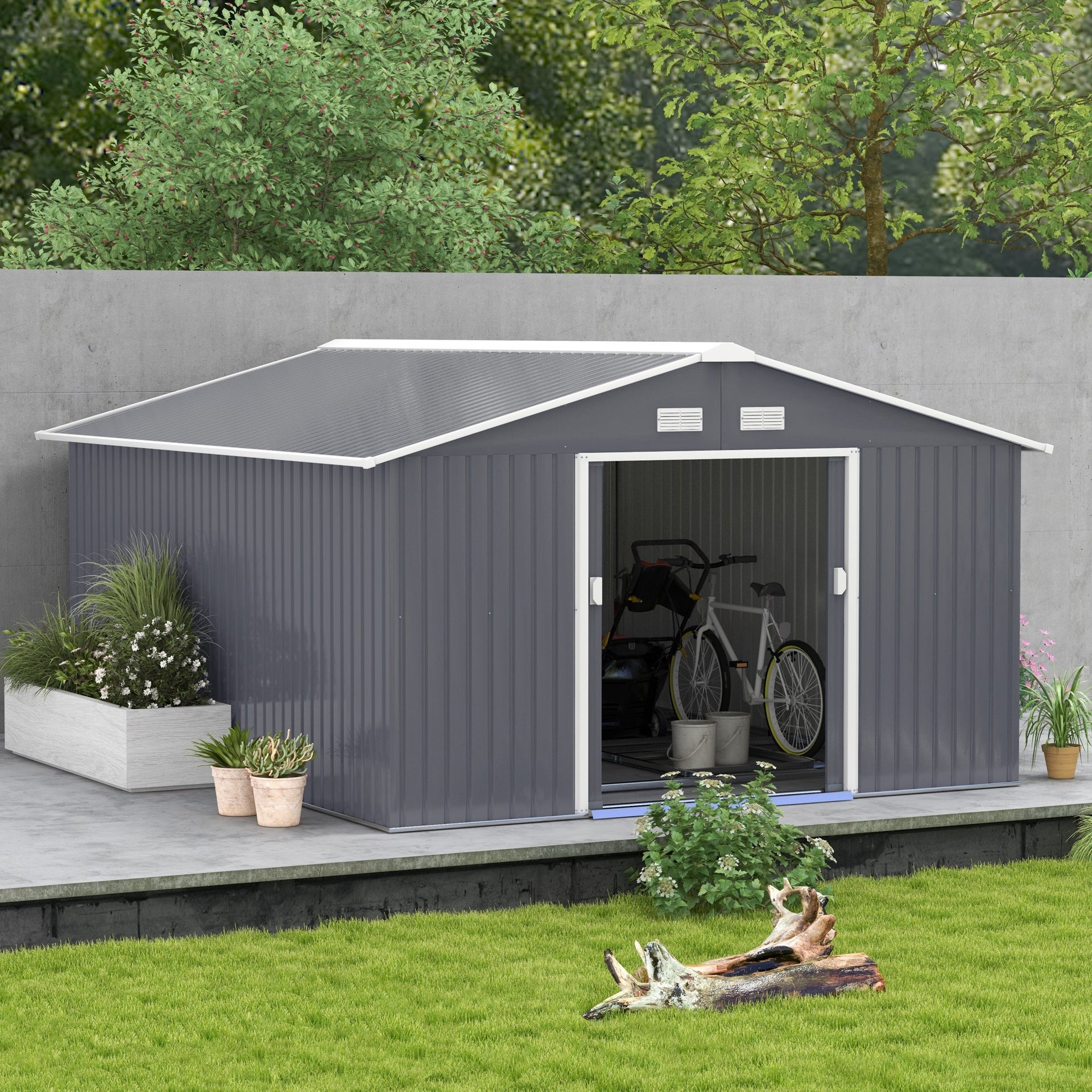 Outsunny 11' x 13' Garden Metal Shed, Storage Shed Utility Storage with Double Locking Doors for Bike, Yard Tools, Dark Gray