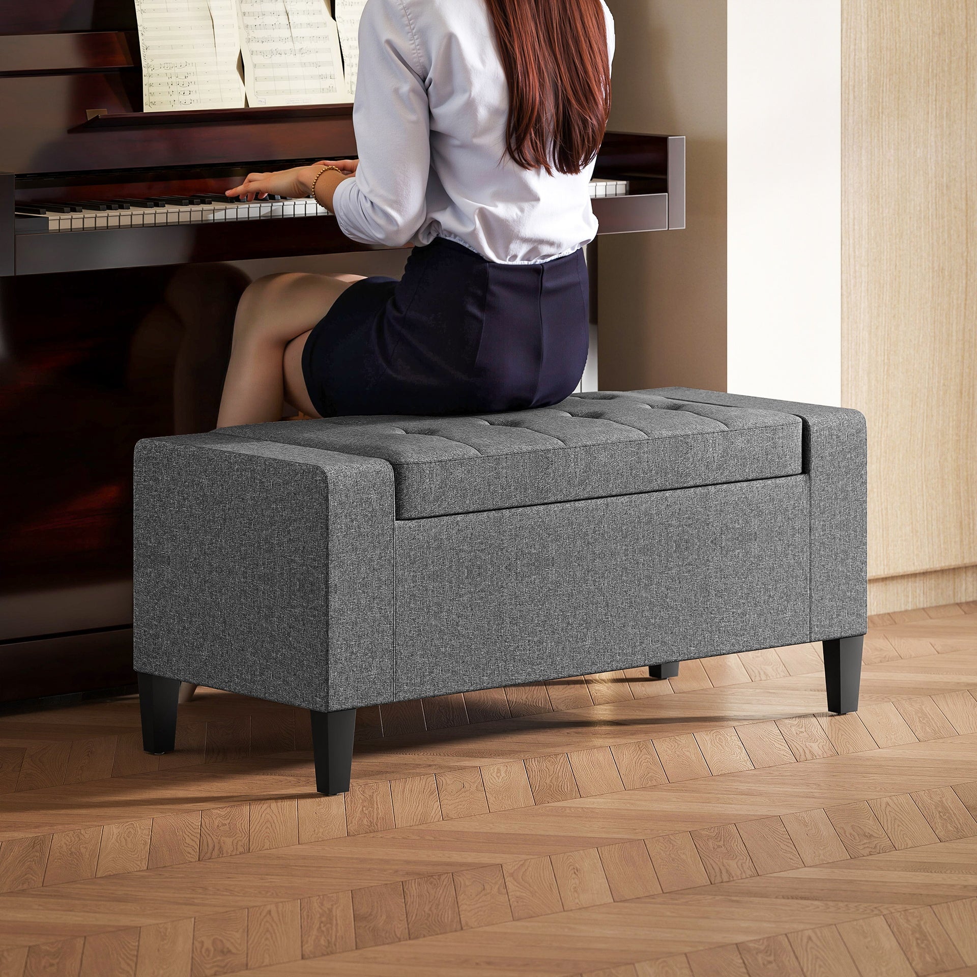 HOMCOM 36" Ottoman with Storage, Storage Ottoman Bench with Lift Top and Rubberwood Legs, Linen Upholstered Entryway Bench with Seating for Living Room, Bedroom, Holds up to 330 lb, Gray