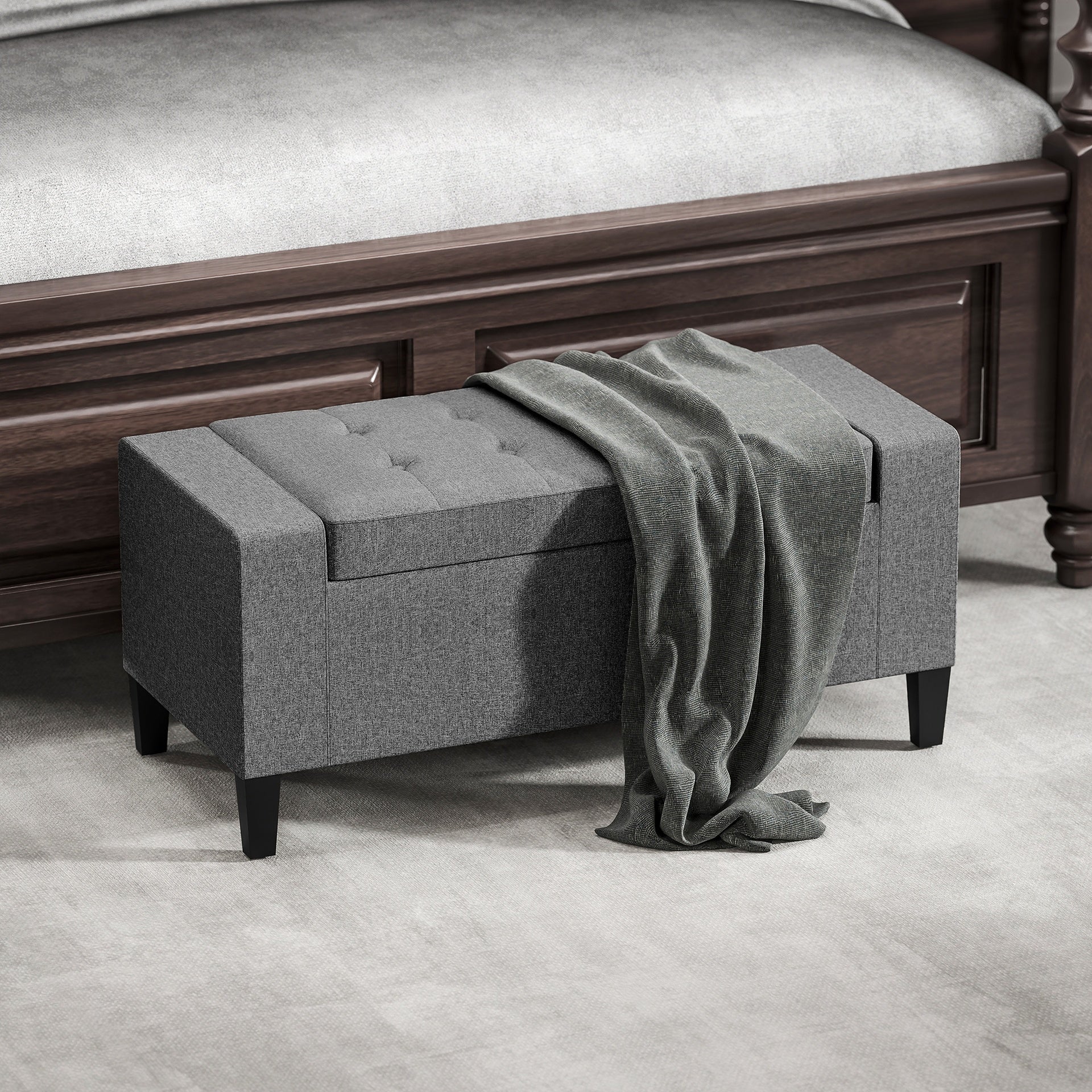 HOMCOM 36" Ottoman with Storage, Storage Ottoman Bench with Lift Top and Rubberwood Legs, Linen Upholstered Entryway Bench with Seating for Living Room, Bedroom, Holds up to 330 lb, Gray