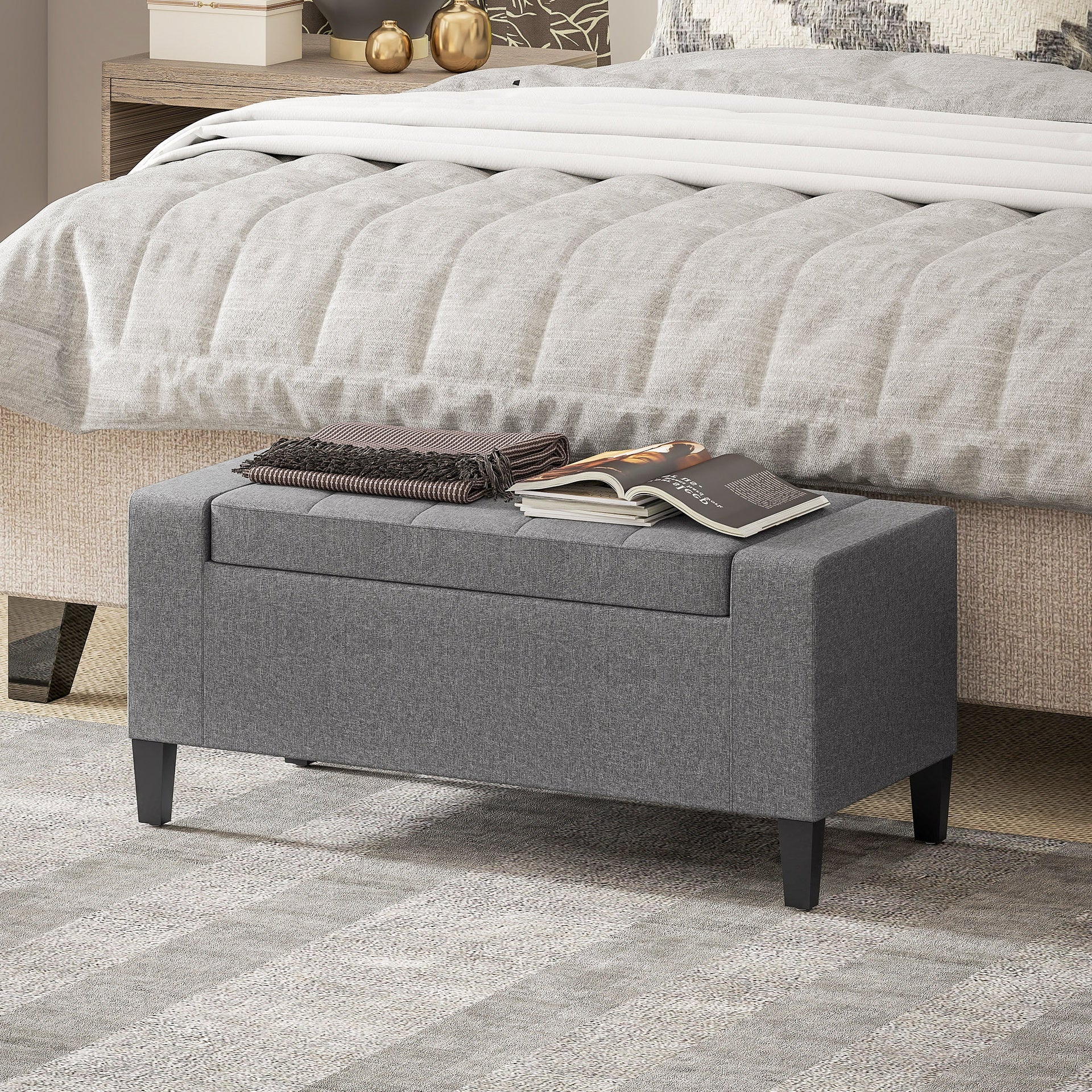 HOMCOM 36" Ottoman with Storage, Storage Ottoman Bench with Lift Top and Rubberwood Legs, Linen Upholstered Entryway Bench with Seating for Living Room, Bedroom, Holds up to 330 lb, Gray