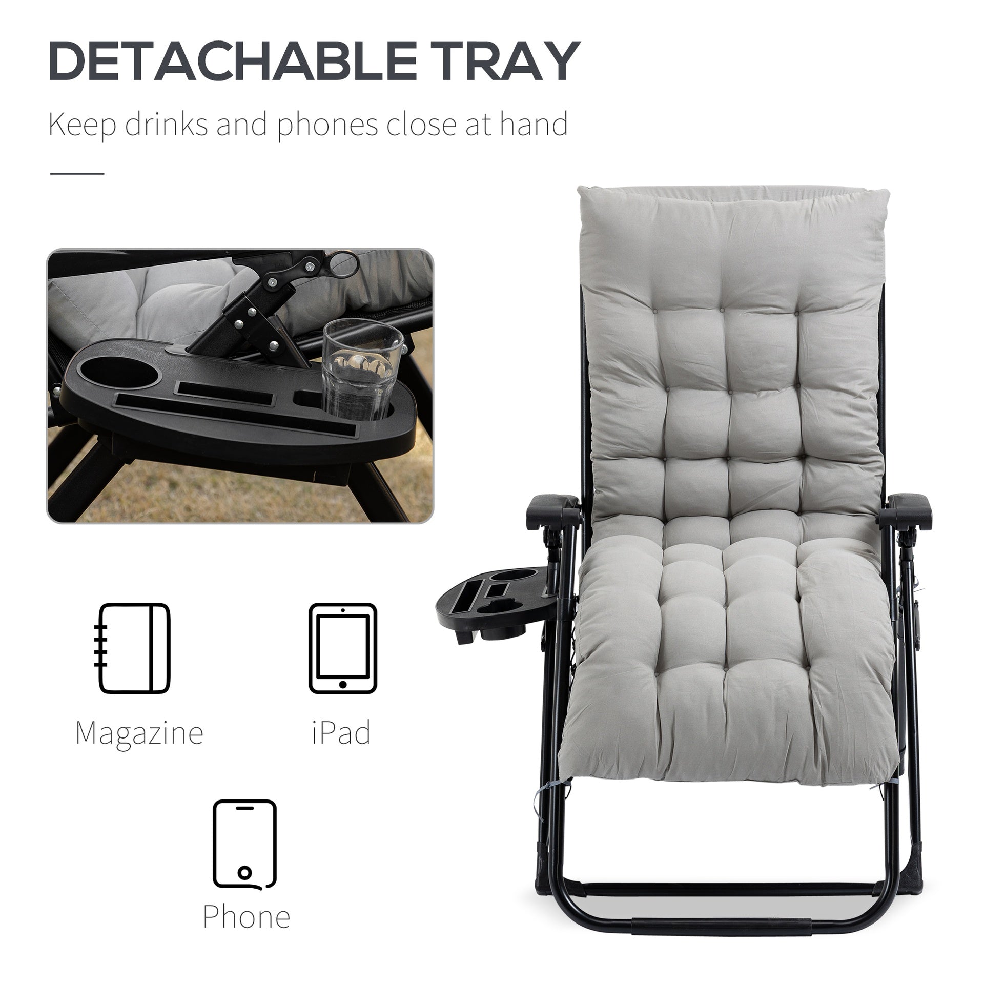 Outsunny Padded Zero Gravity Chair, Folding Recliner Chair with Cup Holder Cushion, Gray