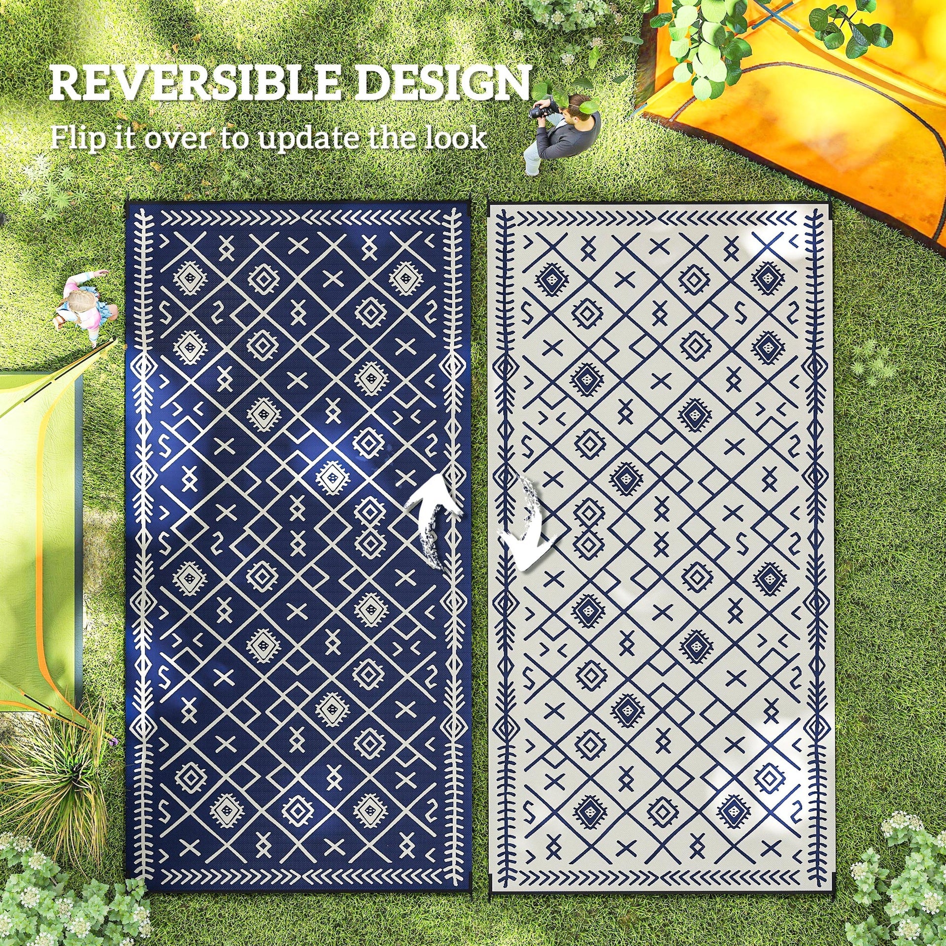 Outsunny Reversible Outdoor Rug, Waterproof Plastic Straw with Carry Bag, 9' x 18', Blue & White Rhombus