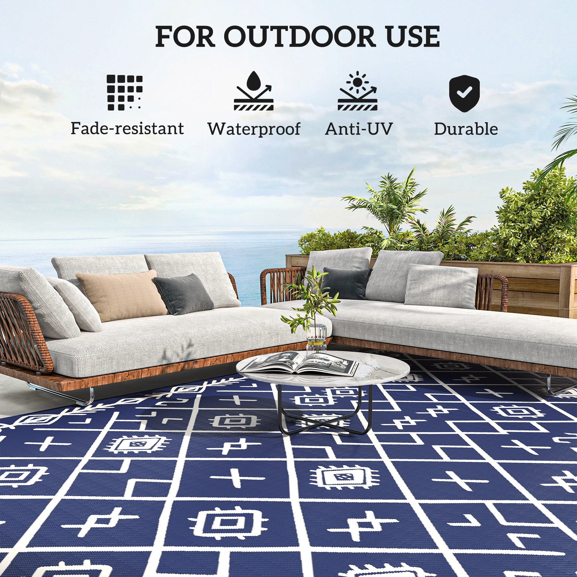 Outsunny Reversible Outdoor Rug, Waterproof Plastic Straw with Carry Bag, 9' x 18', Blue & White Rhombus