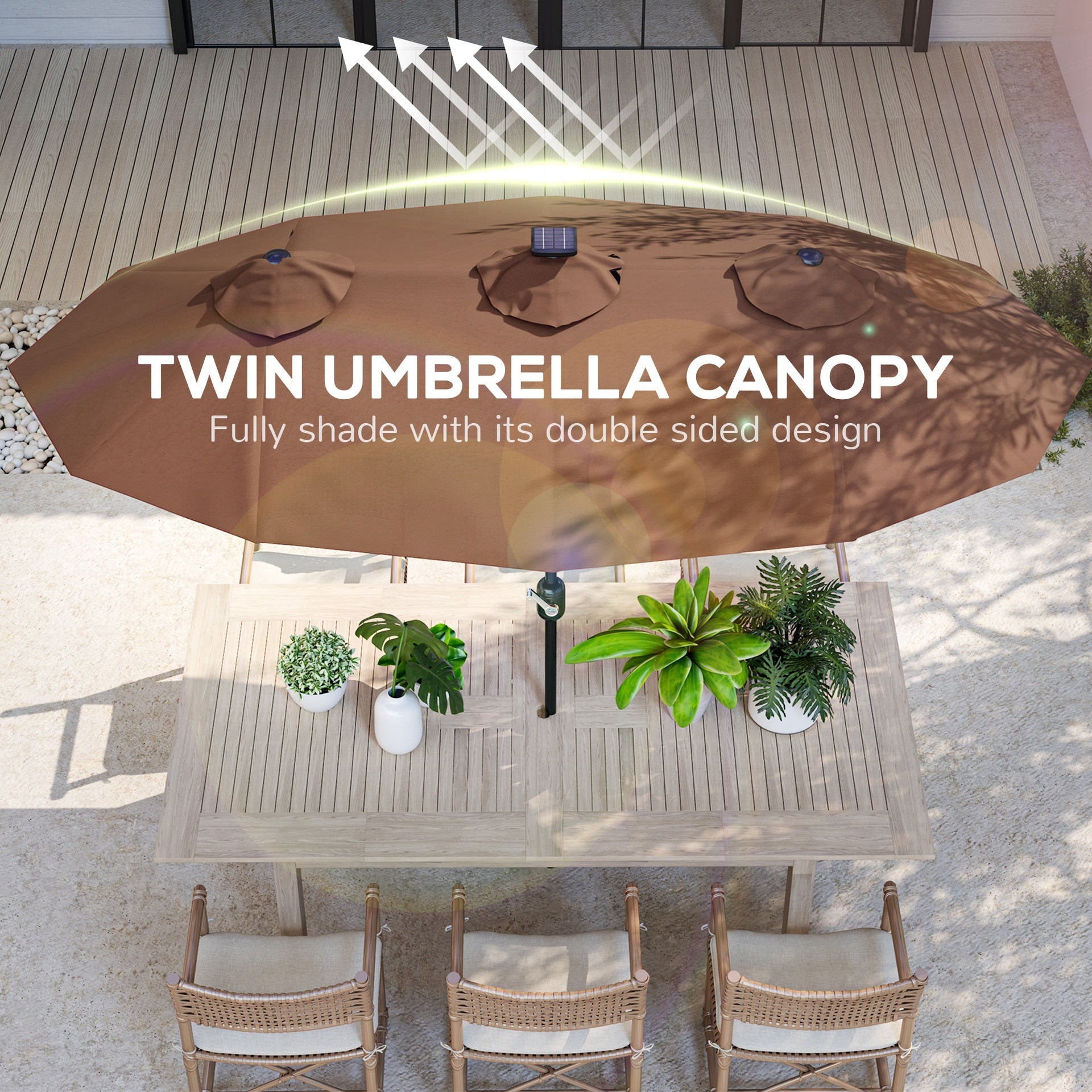 Outsunny Double-sided Patio Umbrella, 9.7 ft. Outdoor Umbrella with 45-Degree Tilt and Crank, LED Solar Light and 12 Ribs, Coffee