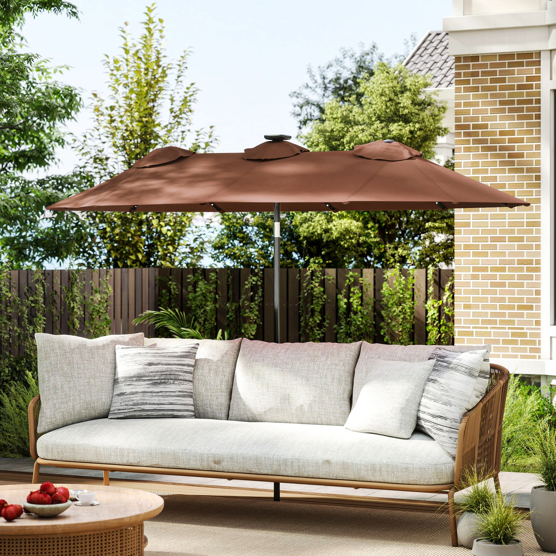 Outsunny Double-sided Patio Umbrella, 9.7 ft. Outdoor Umbrella with 45-Degree Tilt and Crank, LED Solar Light and 12 Ribs, Coffee