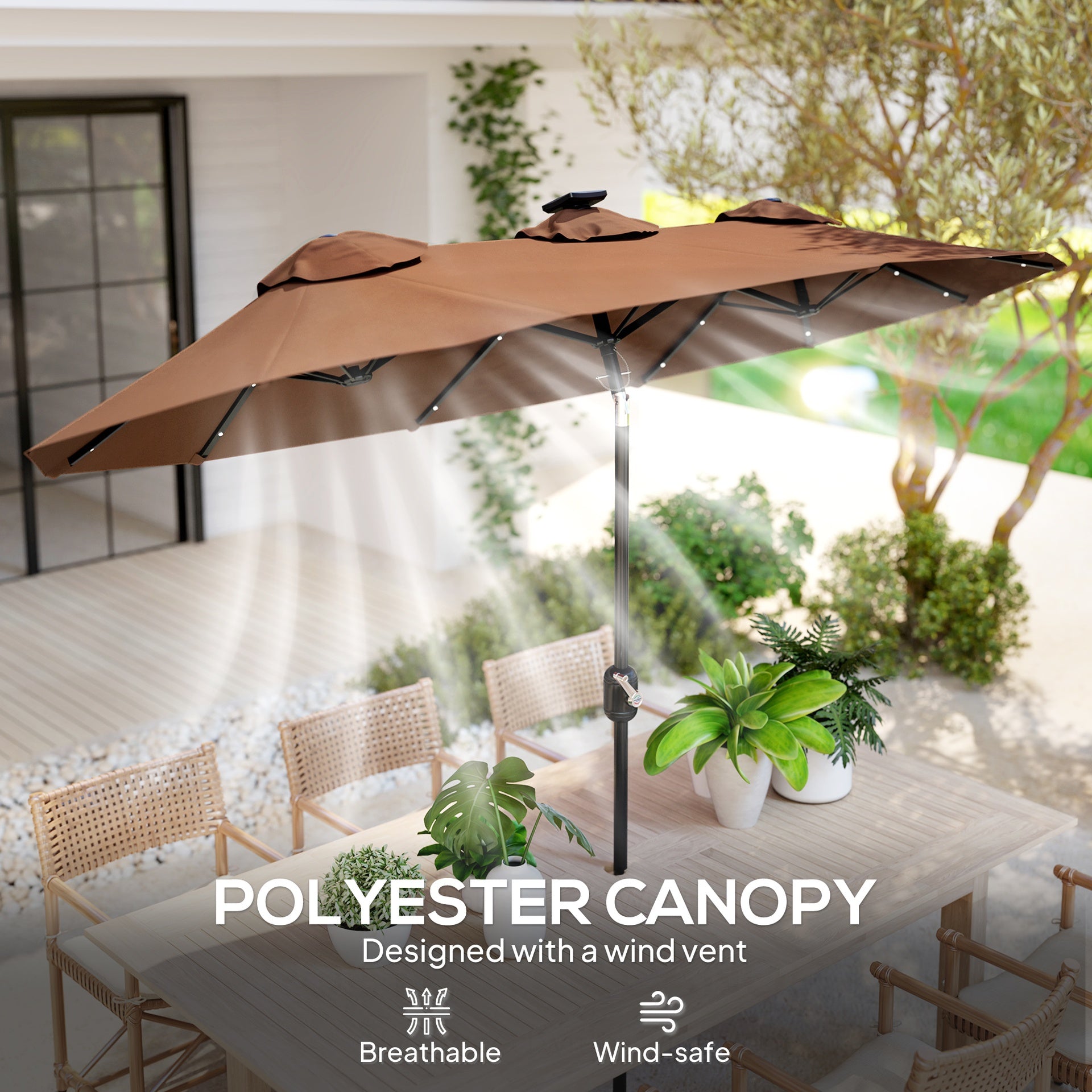 Outsunny Double-sided Patio Umbrella, 9.7 ft. Outdoor Umbrella with 45-Degree Tilt and Crank, LED Solar Light and 12 Ribs, Coffee